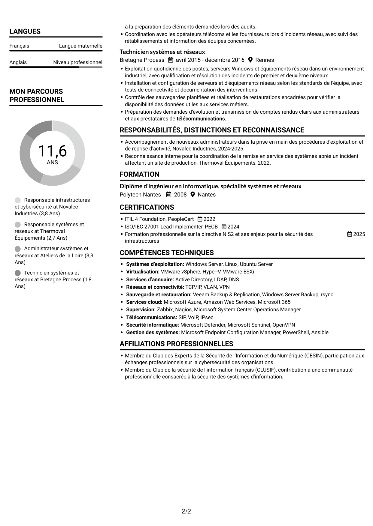 CV Moderne (format à deux colonnes avec photo à gauche et séparateur) : Responsable Infrastructure et Cybersécurité, page 2