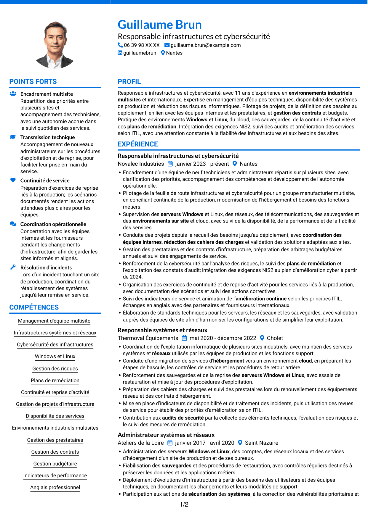 CV Audacieux (format à deux colonnes avec accents colorés et photo) : Responsable Infrastructure et Cybersécurité, page 1