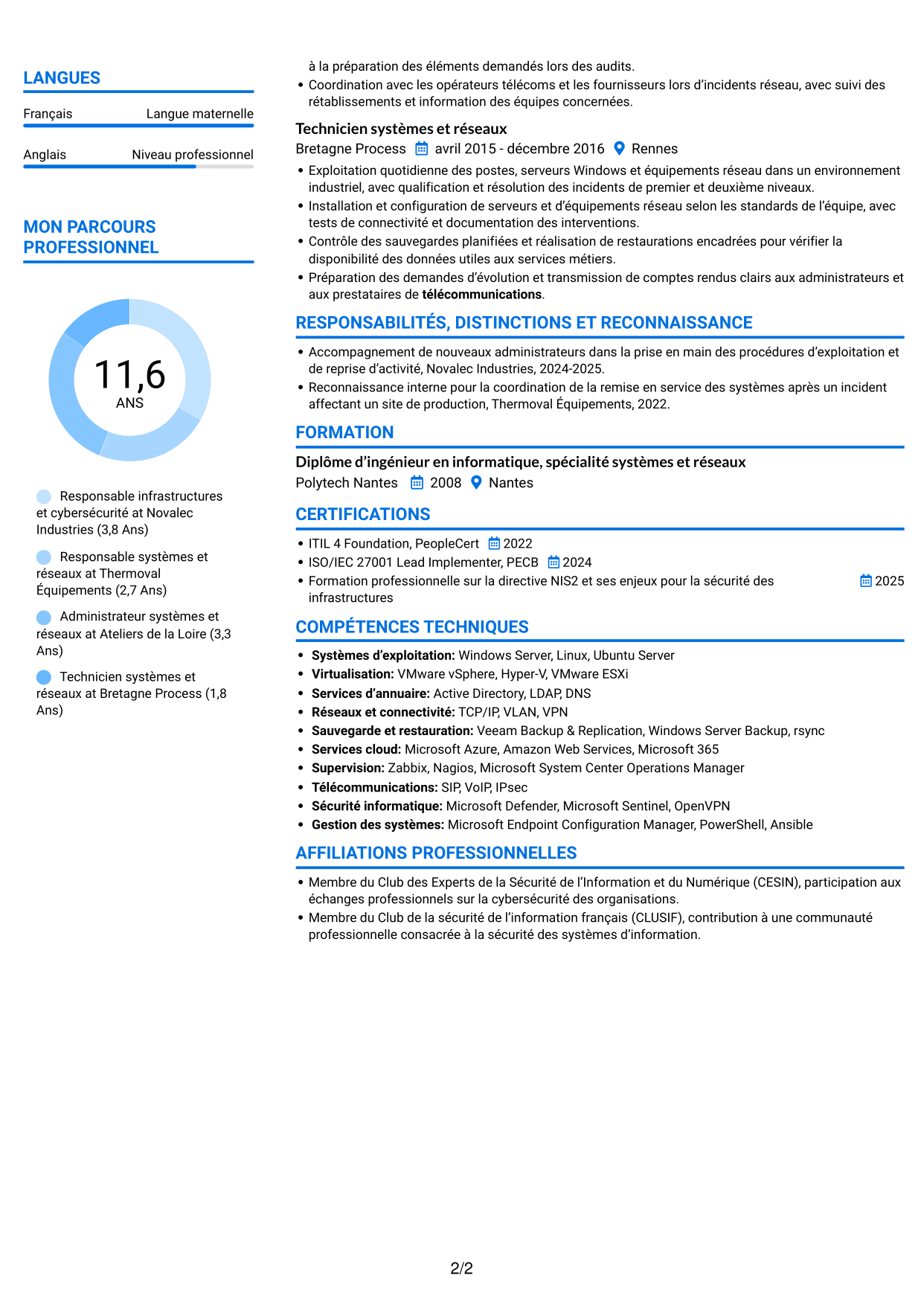 CV Audacieux (format à deux colonnes avec accents colorés et photo) : Responsable Infrastructure et Cybersécurité, page 2