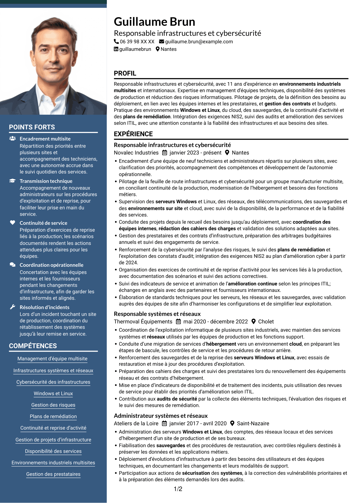 CV Signature (format à colonne latérale colorée avec grande photo) : Responsable Infrastructure et Cybersécurité, page 1