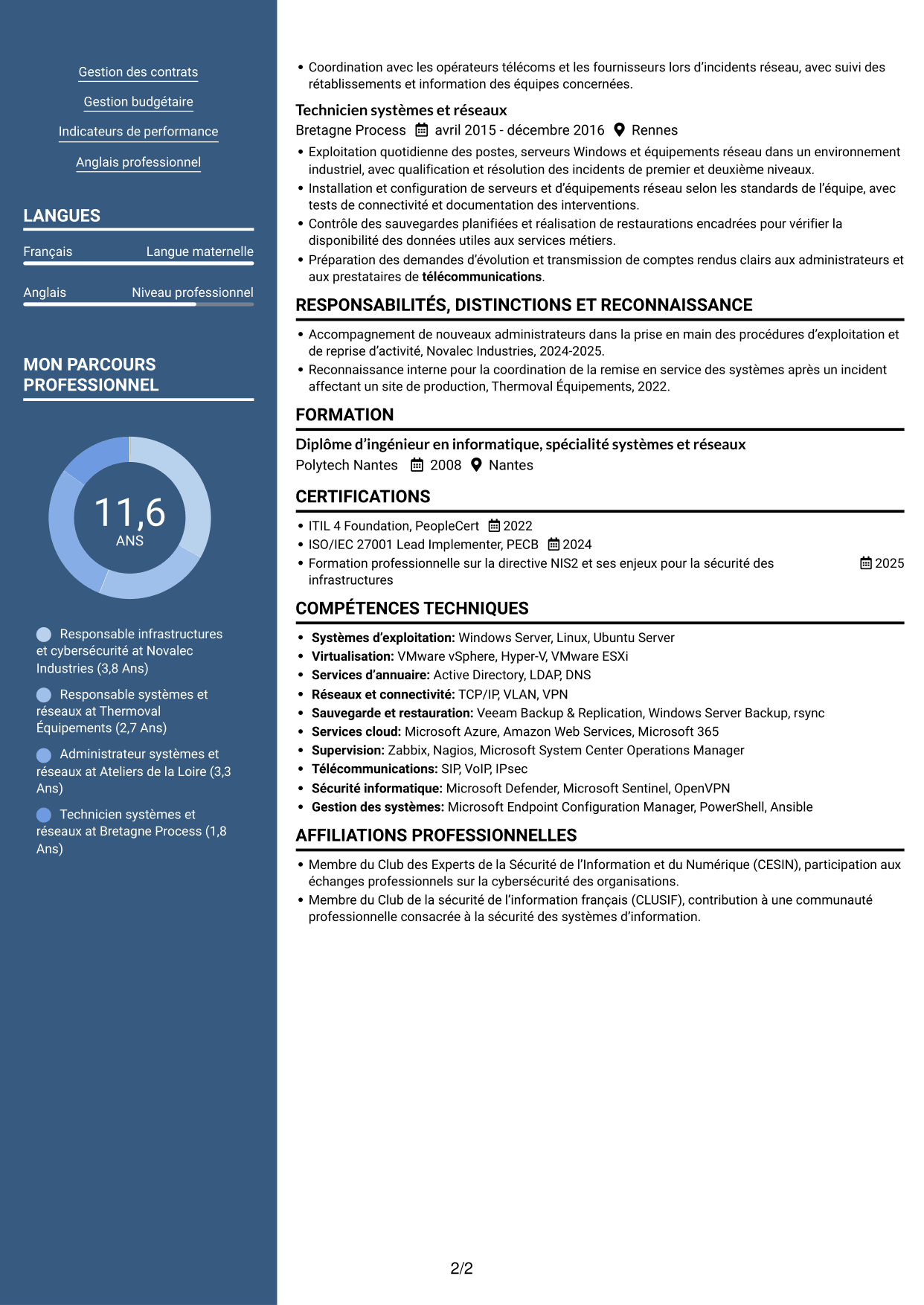 CV Signature (format à colonne latérale colorée avec grande photo) : Responsable Infrastructure et Cybersécurité, page 2