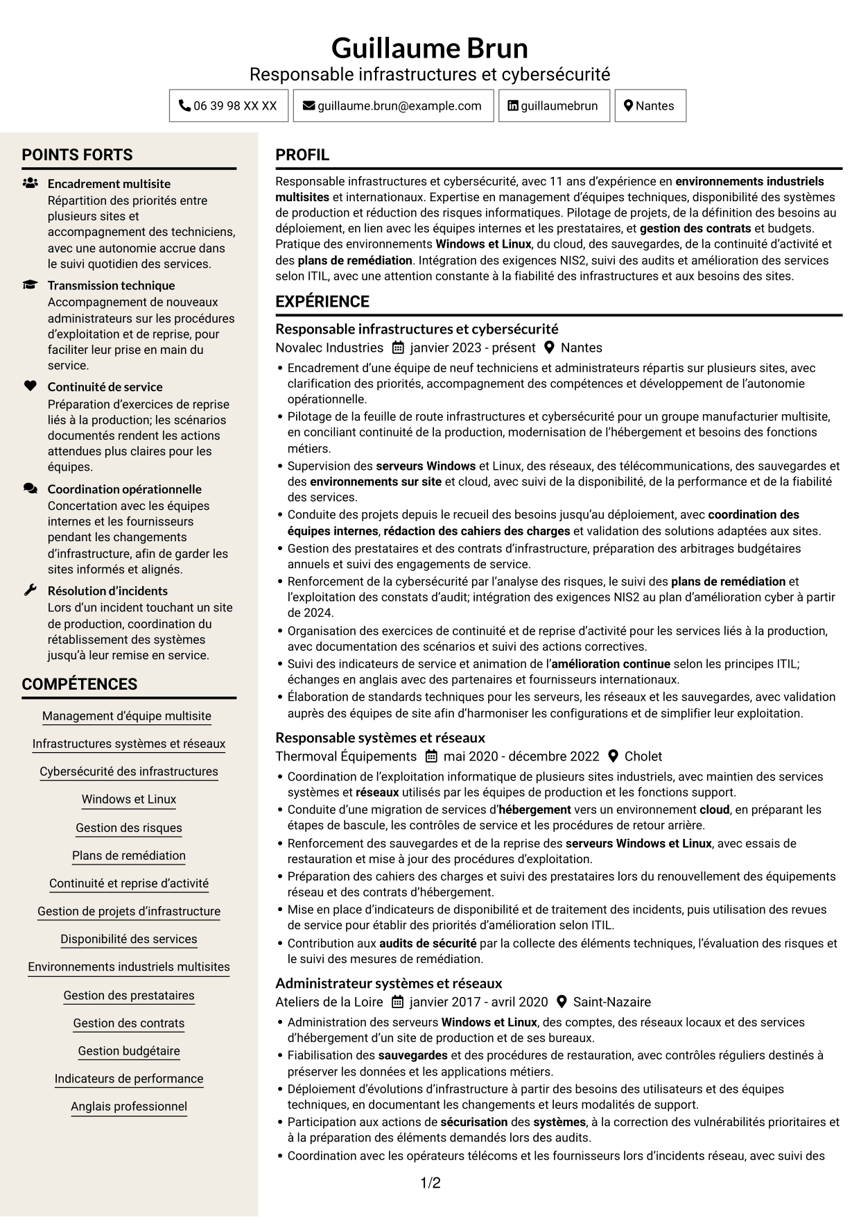 CV Fonceur (format à deux colonnes avec en-tête centré sans photo) : Responsable Infrastructure et Cybersécurité, page 1