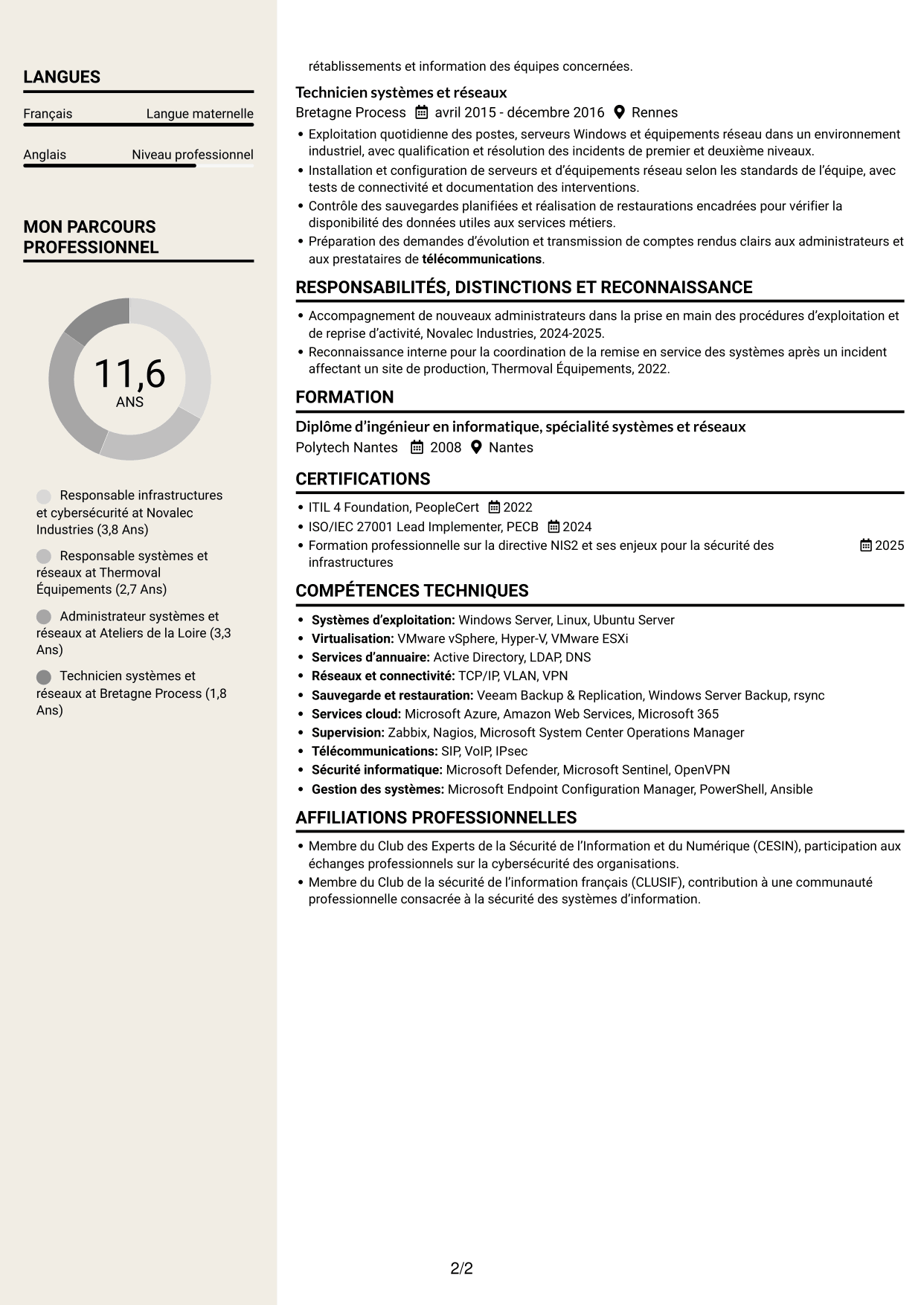 CV Fonceur (format à deux colonnes avec en-tête centré sans photo) : Responsable Infrastructure et Cybersécurité, page 2
