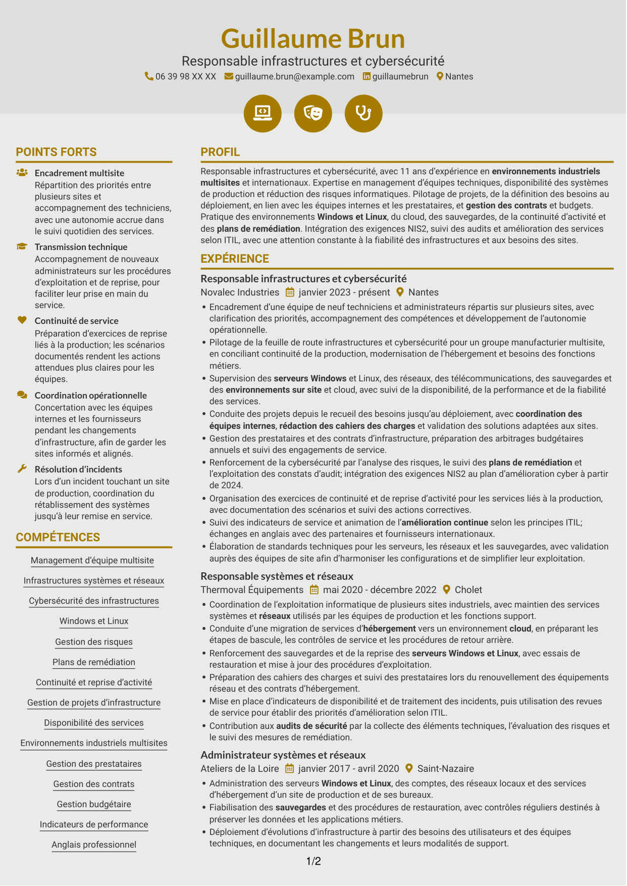 CV Dynamique (format à deux colonnes avec icônes) : Responsable Infrastructure et Cybersécurité, page 1