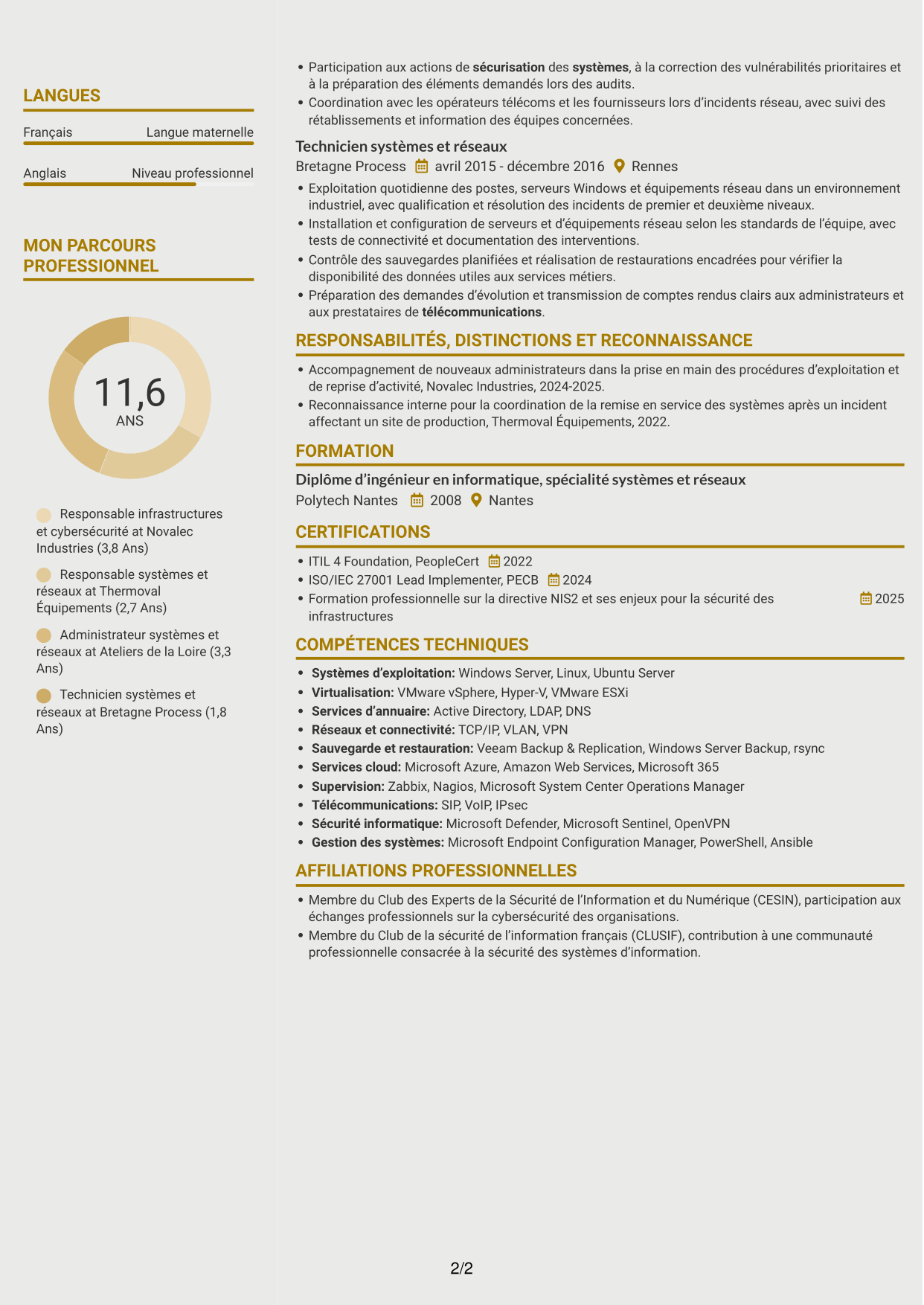 CV Dynamique (format à deux colonnes avec icônes) : Responsable Infrastructure et Cybersécurité, page 2