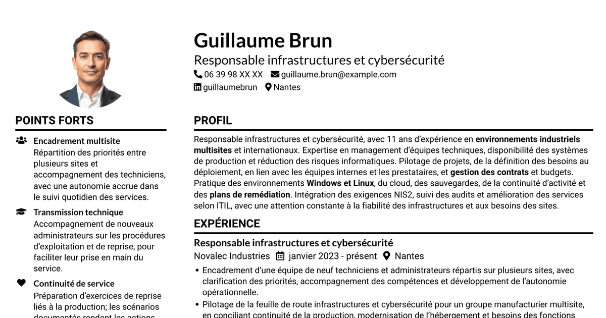 7 modèles de CV pour Responsable Infrastructure et Cybersécurité, avec exemples