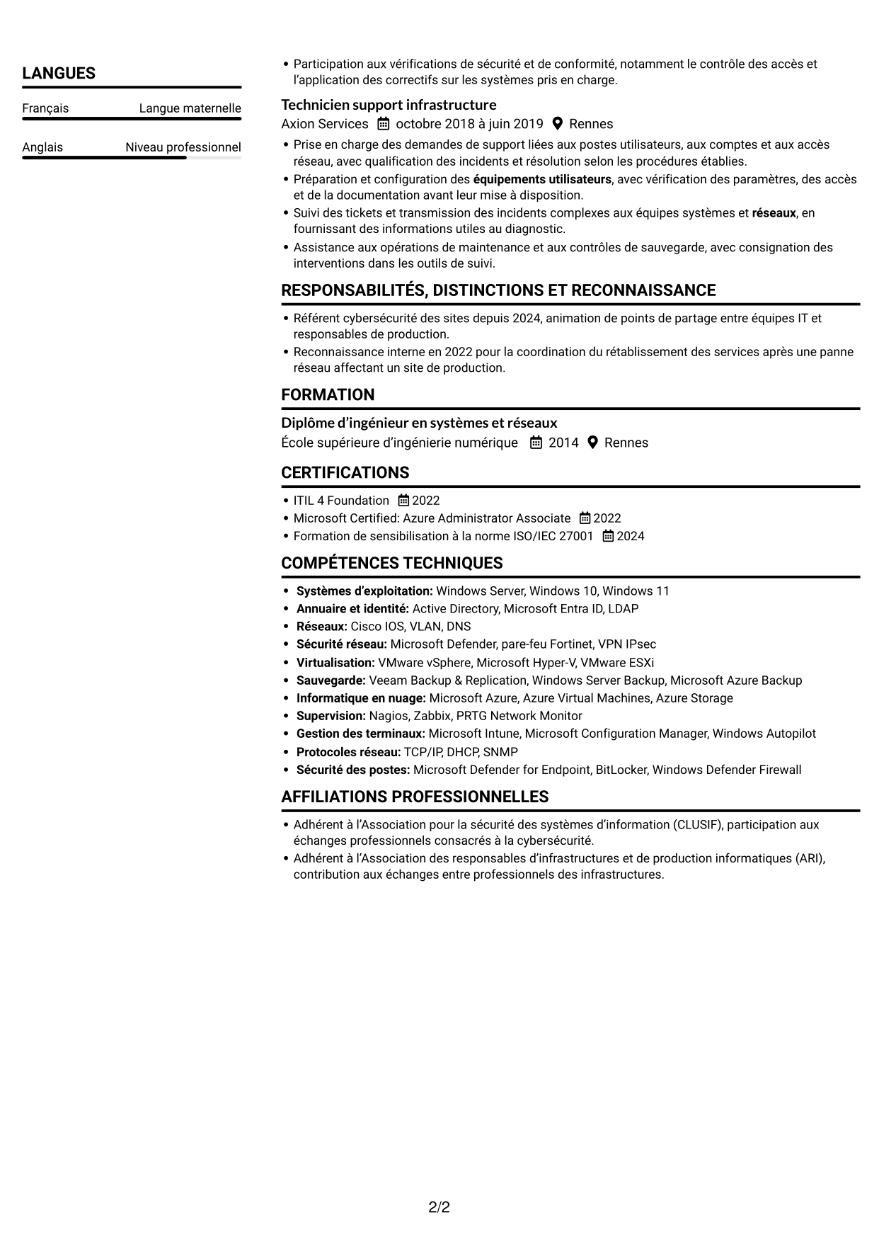 CV Compact (format sobre à deux colonnes avec photo) : Responsable Infrastructure et Cybersécurité - Environnements IT/OT industriels, page 2