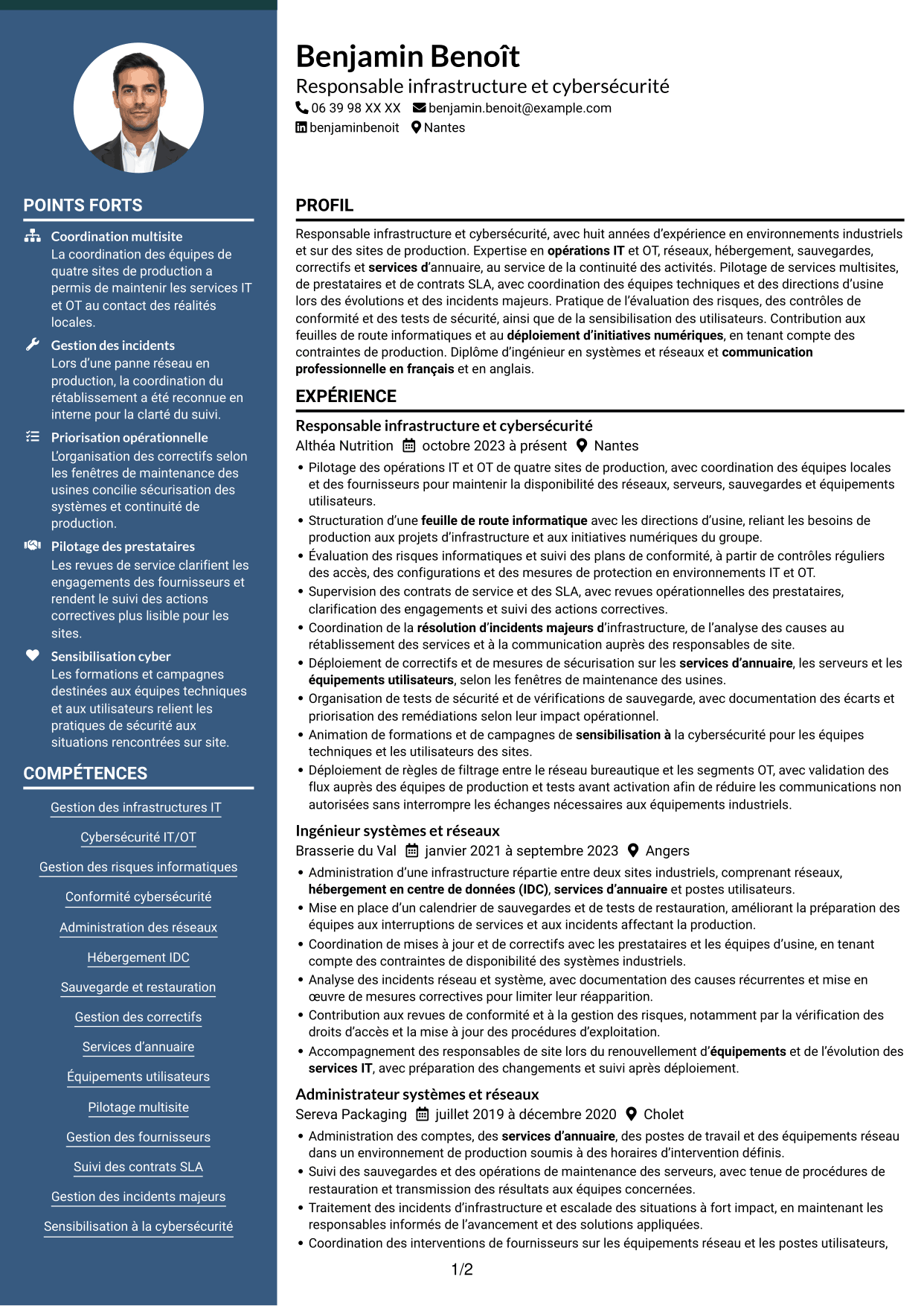 CV Élégant (format à colonne latérale colorée avec photo) : Responsable Infrastructure et Cybersécurité - Environnements IT/OT industriels, page 1