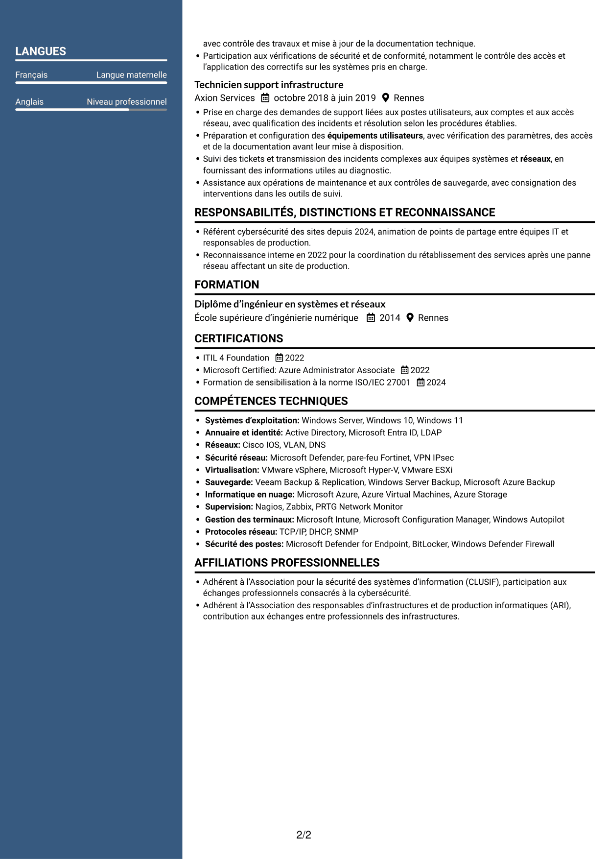 CV Élégant (format à colonne latérale colorée avec photo) : Responsable Infrastructure et Cybersécurité - Environnements IT/OT industriels, page 2