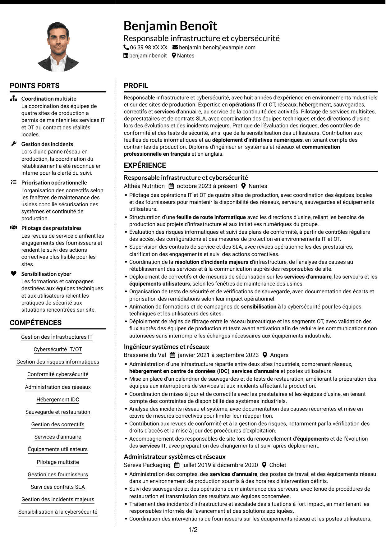 CV Moderne (format à deux colonnes avec photo à gauche et séparateur) : Responsable Infrastructure et Cybersécurité - Environnements IT/OT industriels, page 1