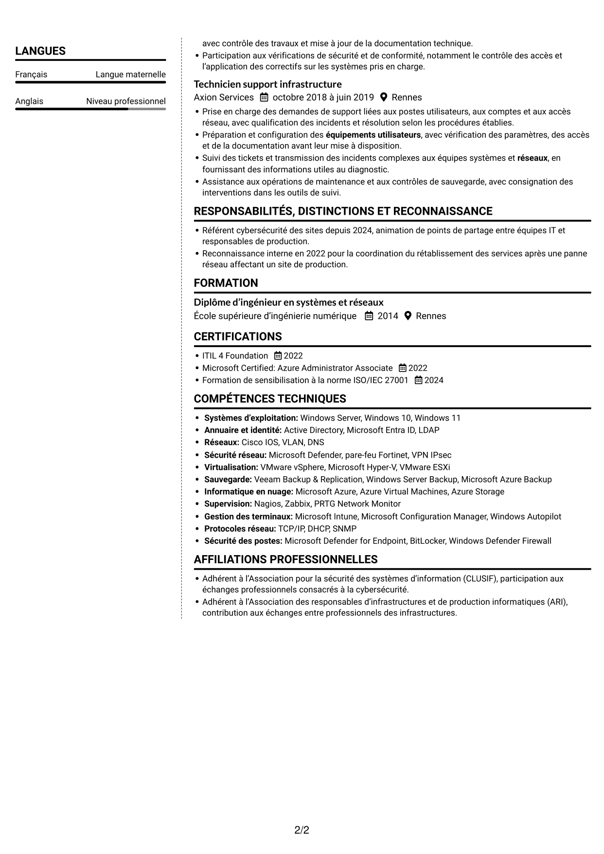 CV Moderne (format à deux colonnes avec photo à gauche et séparateur) : Responsable Infrastructure et Cybersécurité - Environnements IT/OT industriels, page 2