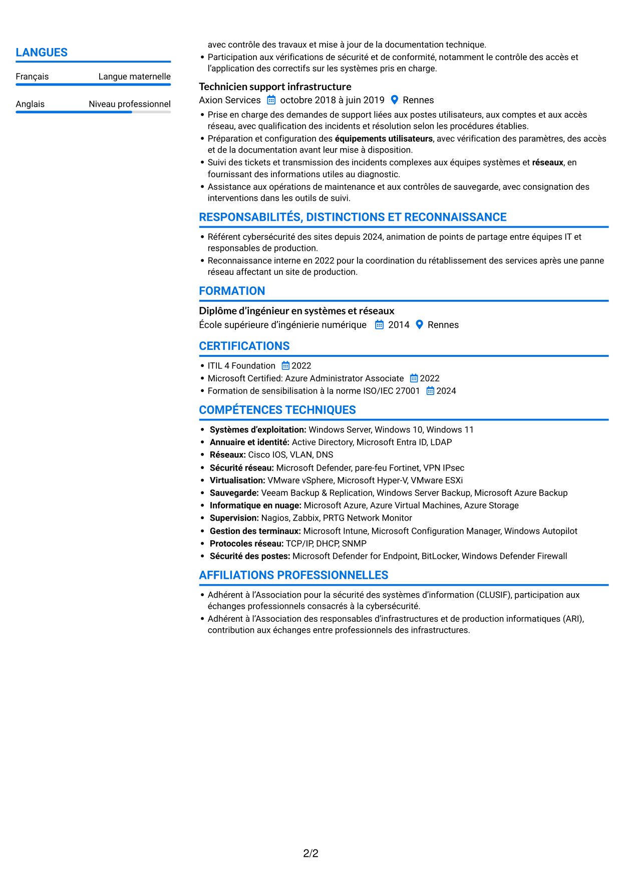 CV Audacieux (format à deux colonnes avec accents colorés et photo) : Responsable Infrastructure et Cybersécurité - Environnements IT/OT industriels, page 2