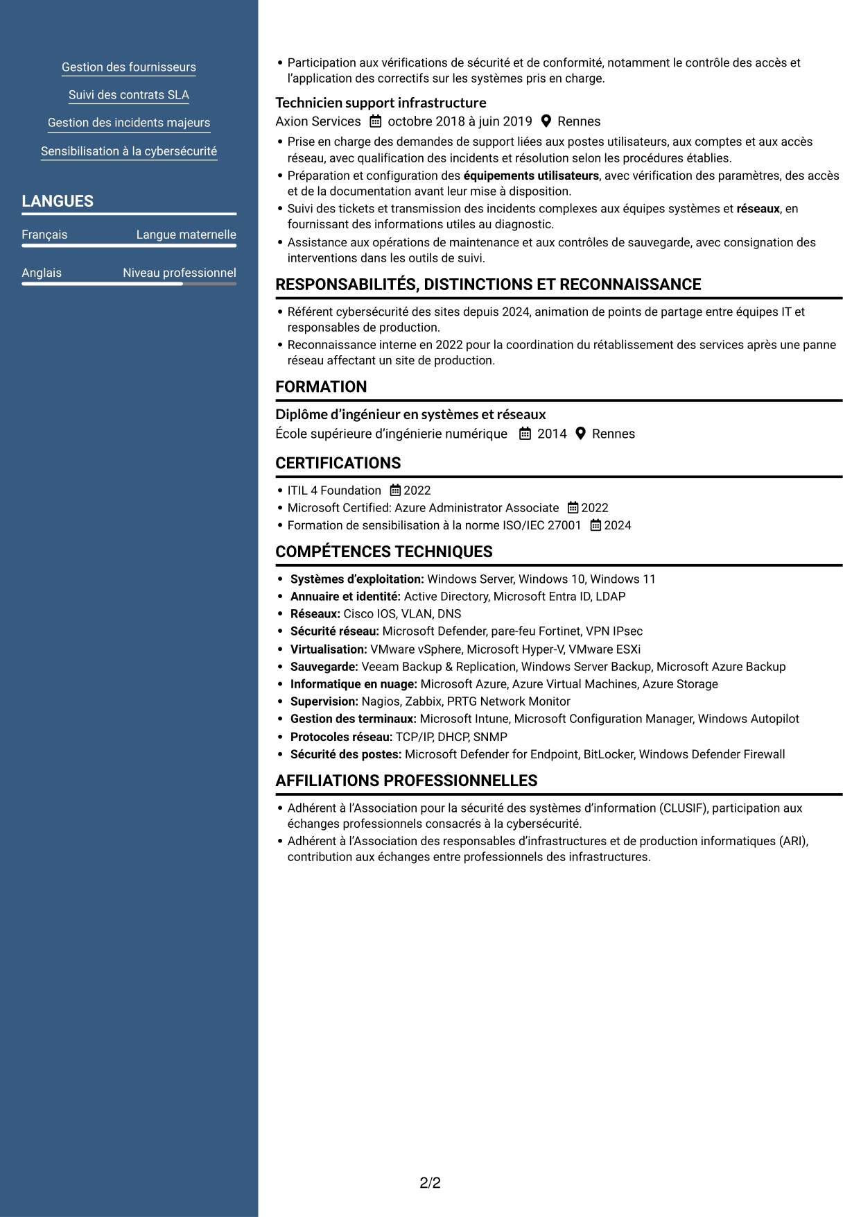CV Signature (format à colonne latérale colorée avec grande photo) : Responsable Infrastructure et Cybersécurité - Environnements IT/OT industriels, page 2