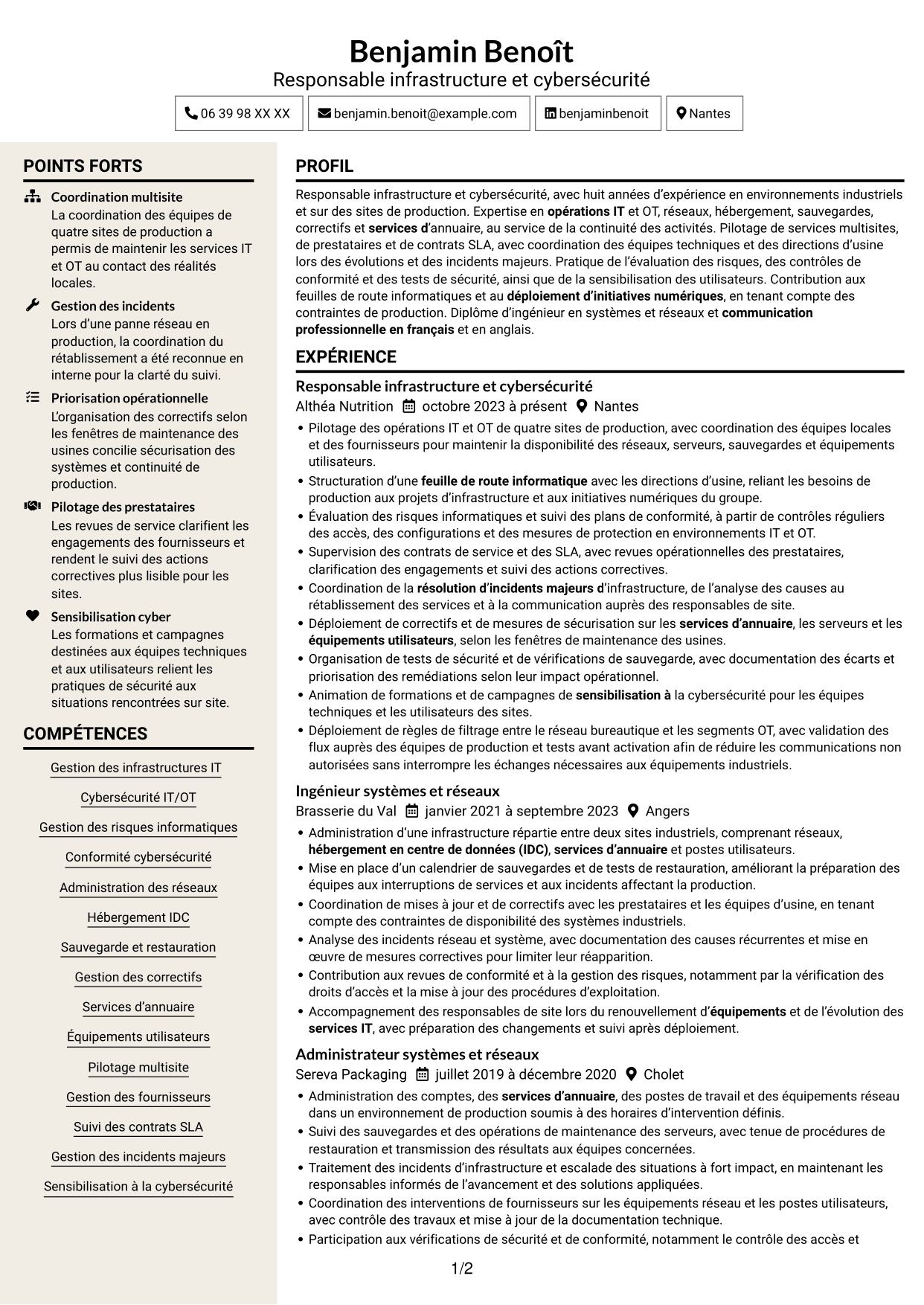 CV Fonceur (format à deux colonnes avec en-tête centré sans photo) : Responsable Infrastructure et Cybersécurité - Environnements IT/OT industriels, page 1