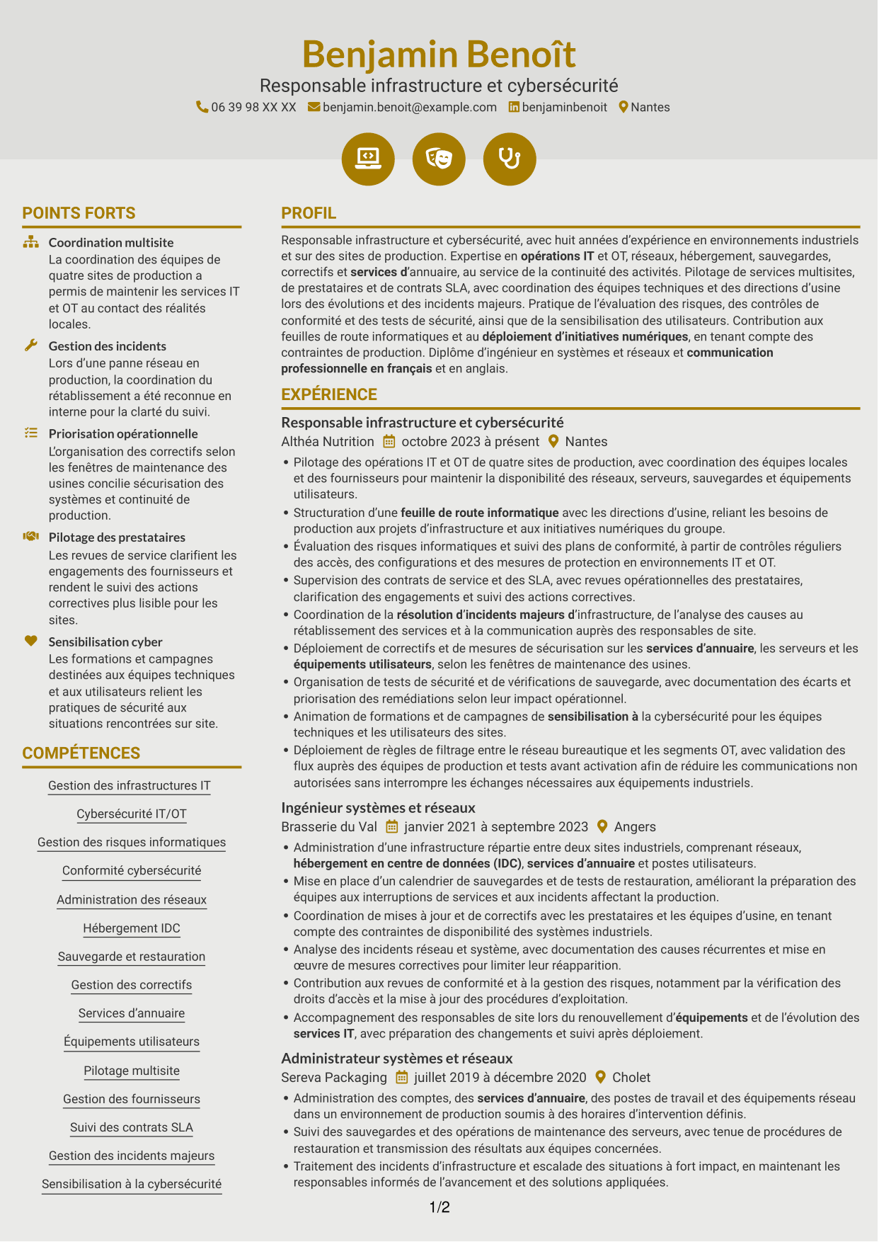 CV Dynamique (format à deux colonnes avec icônes) : Responsable Infrastructure et Cybersécurité - Environnements IT/OT industriels, page 1