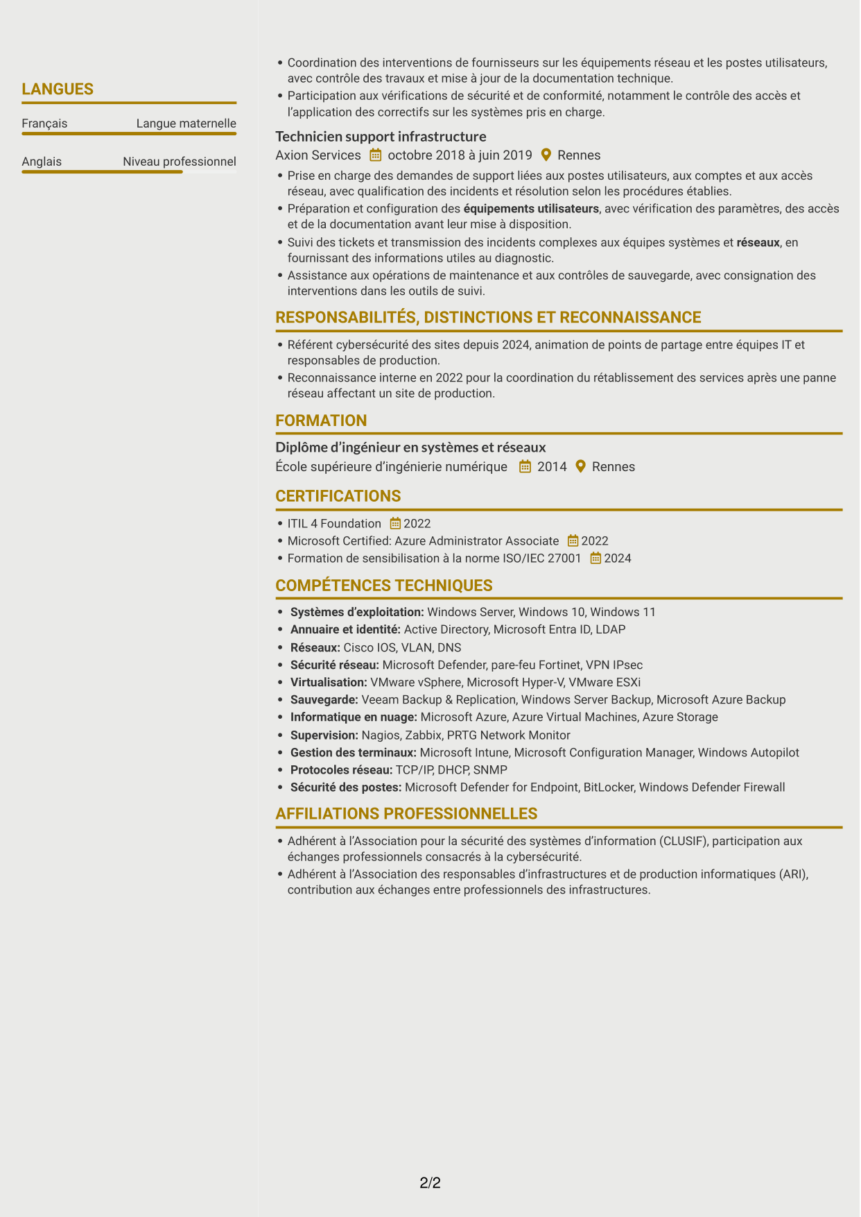CV Dynamique (format à deux colonnes avec icônes) : Responsable Infrastructure et Cybersécurité - Environnements IT/OT industriels, page 2