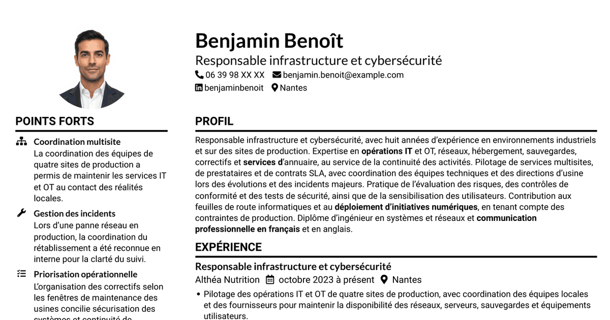 7 modèles de CV pour Responsable Infrastructure et Cybersécurité - Environnements IT/OT industriels, avec exemples