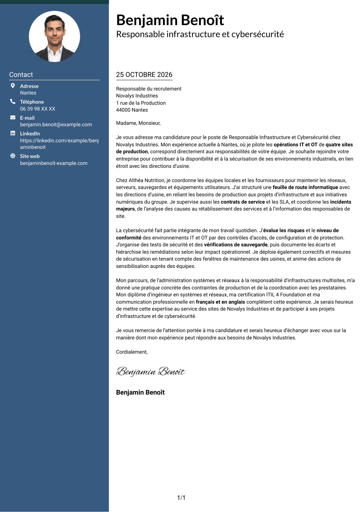 Lettre de motivation Élégant (format à colonne latérale colorée avec photo) : Responsable Infrastructure et Cybersécurité - Environnements IT/OT industriels, page 1