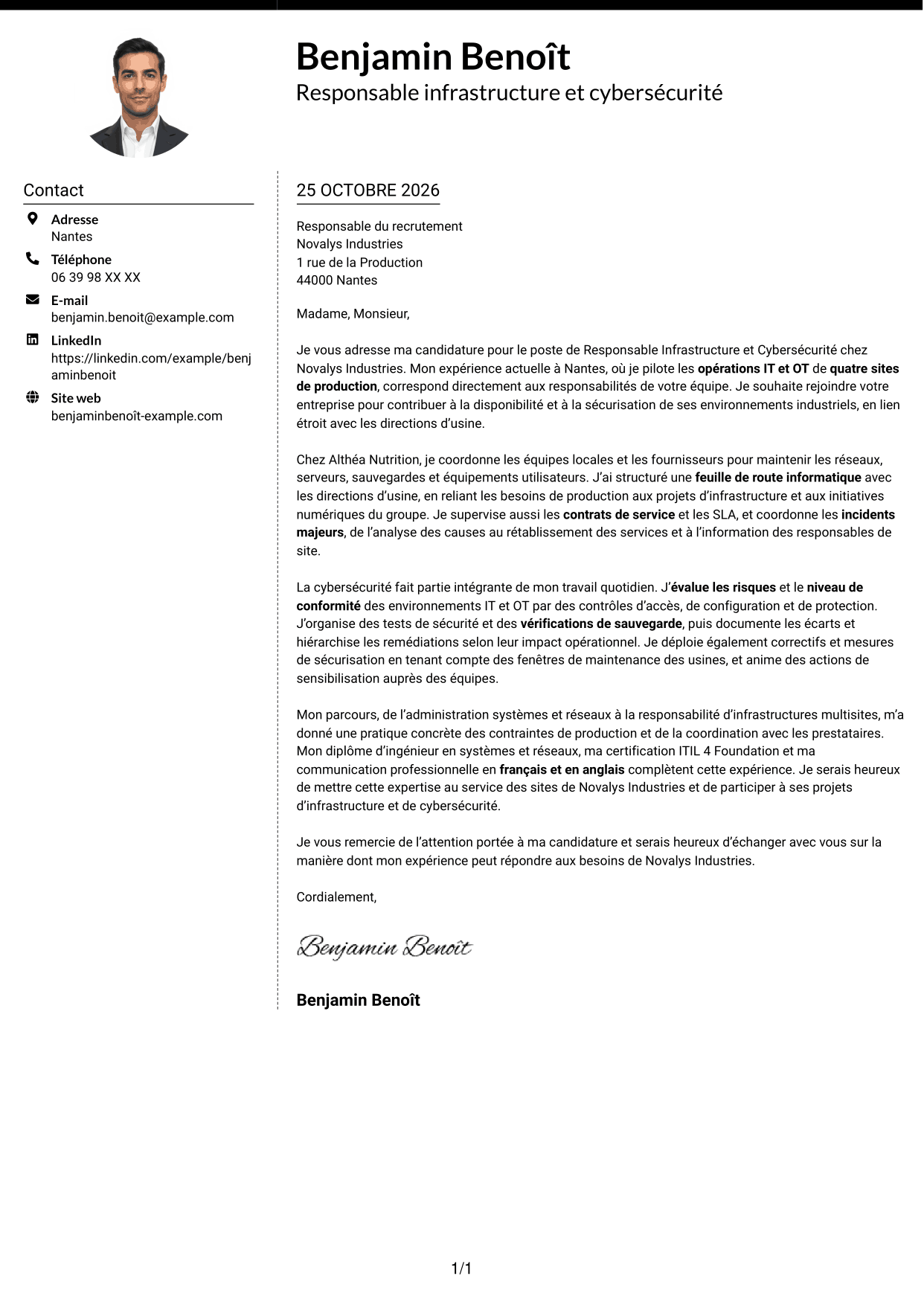 Lettre de motivation Moderne (format à deux colonnes avec photo à gauche et séparateur) : Responsable Infrastructure et Cybersécurité - Environnements IT/OT industriels, page 1