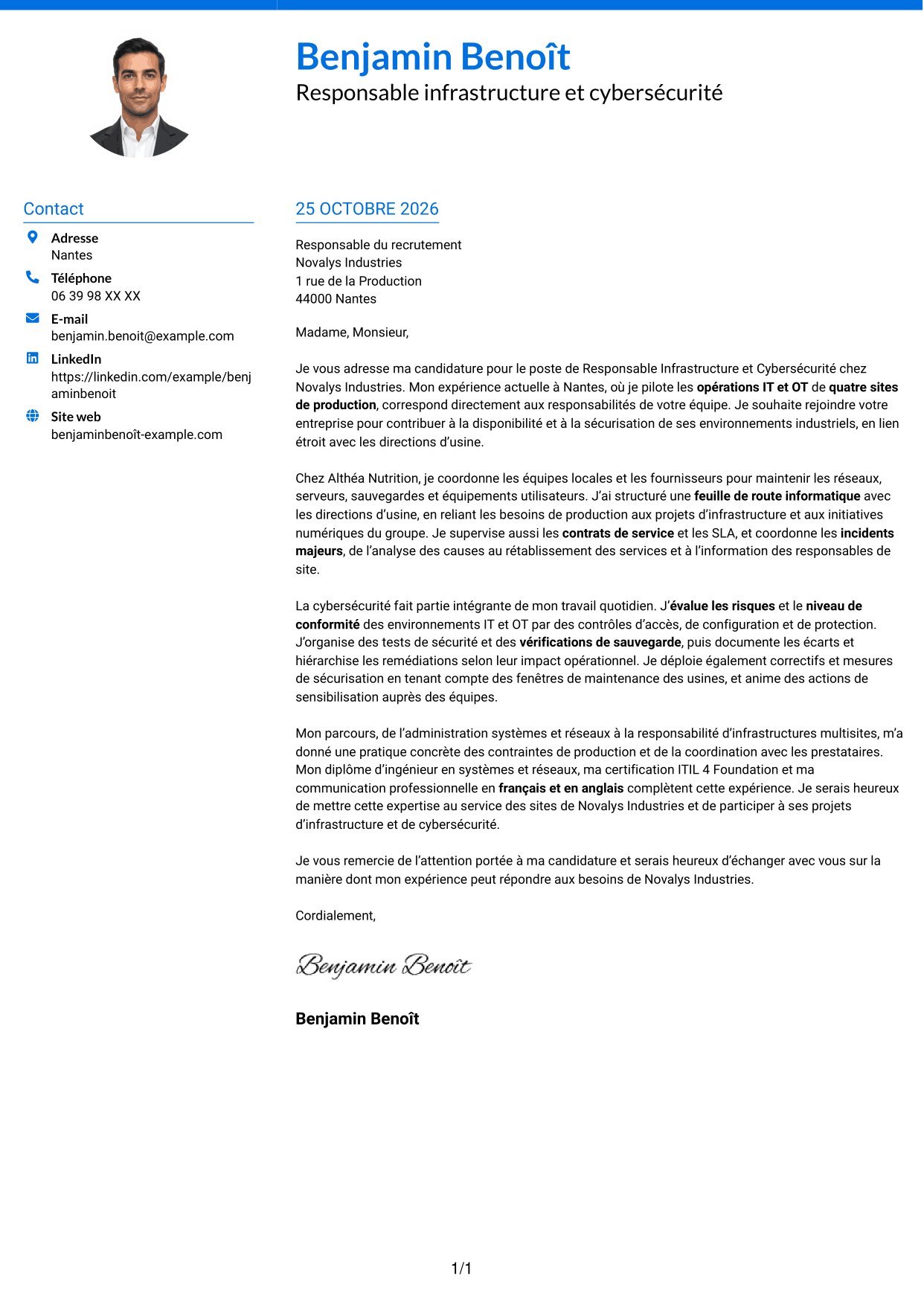 Lettre de motivation Audacieux (format à deux colonnes avec accents colorés et photo) : Responsable Infrastructure et Cybersécurité - Environnements IT/OT industriels, page 1