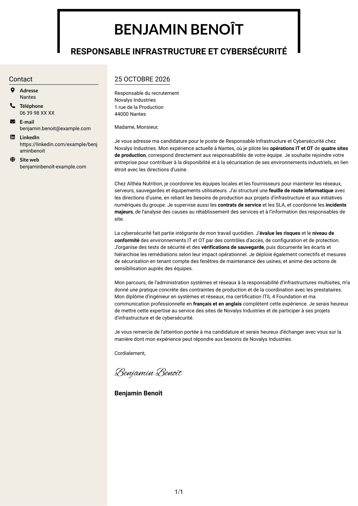 Lettre de motivation Fonceur (format à deux colonnes avec en-tête centré sans photo) : Responsable Infrastructure et Cybersécurité - Environnements IT/OT industriels, page 1