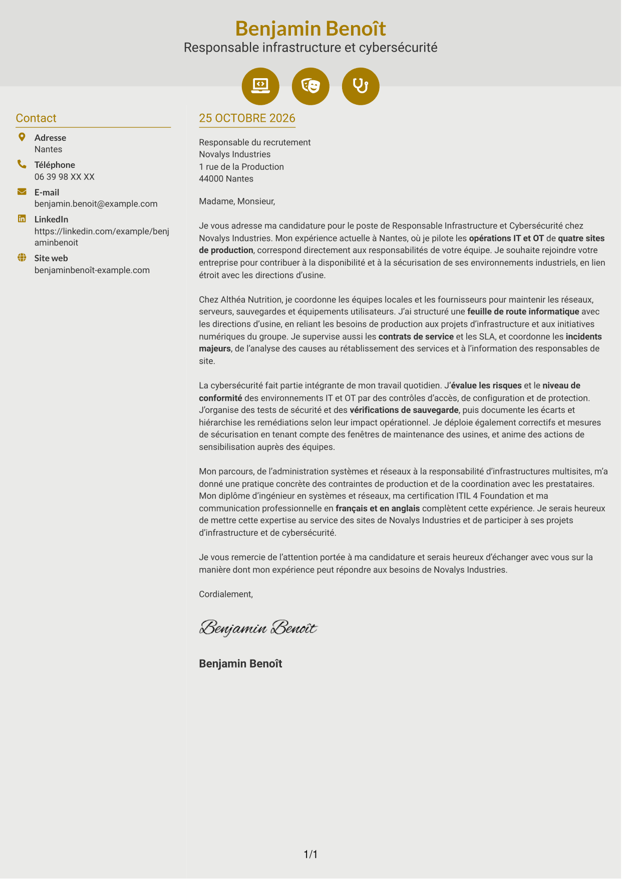 Lettre de motivation Dynamique (format à deux colonnes avec icônes) : Responsable Infrastructure et Cybersécurité - Environnements IT/OT industriels, page 1
