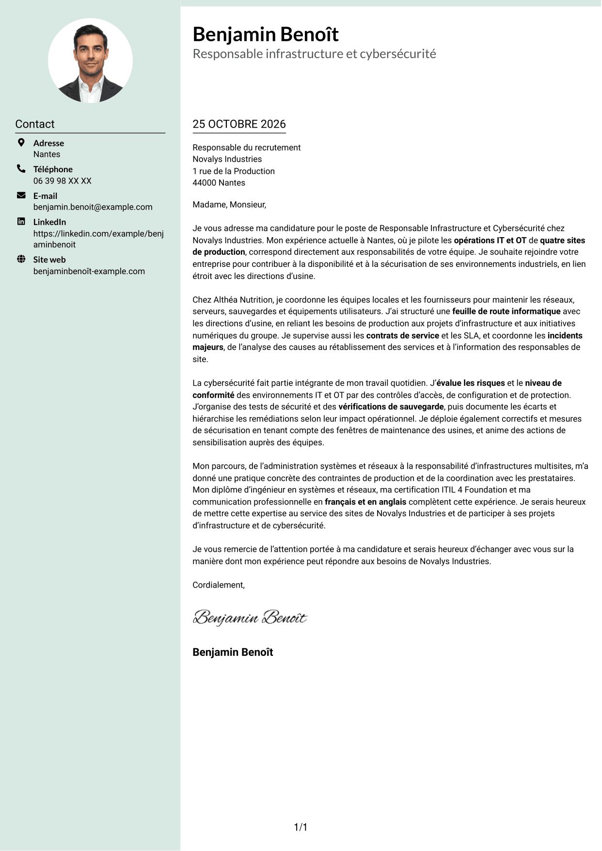 Lettre de motivation Cadre (format à colonne latérale douce avec photo arrondie) : Responsable Infrastructure et Cybersécurité - Environnements IT/OT industriels, page 1