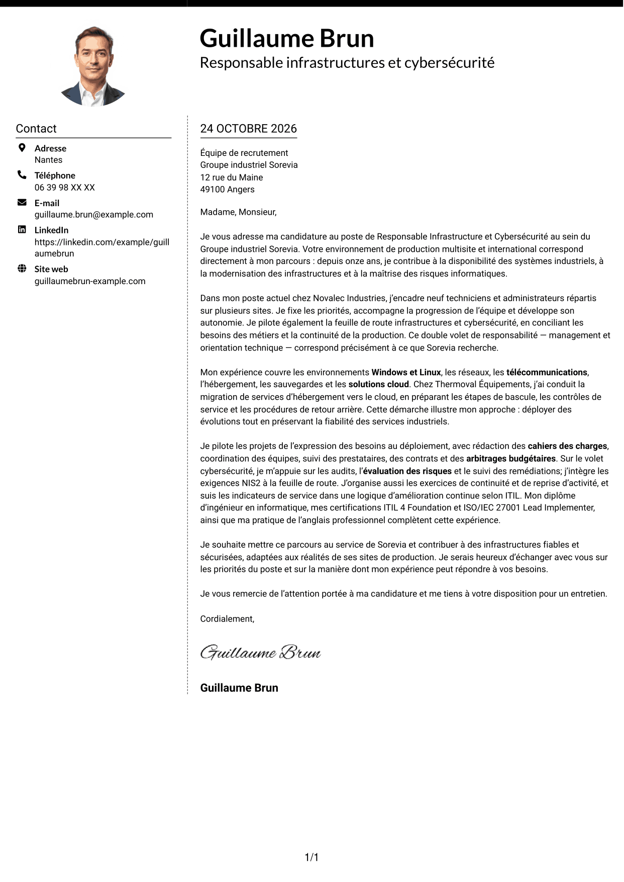 Lettre de motivation Moderne (format à deux colonnes avec photo à gauche et séparateur) : Responsable Infrastructure et Cybersécurité, page 1