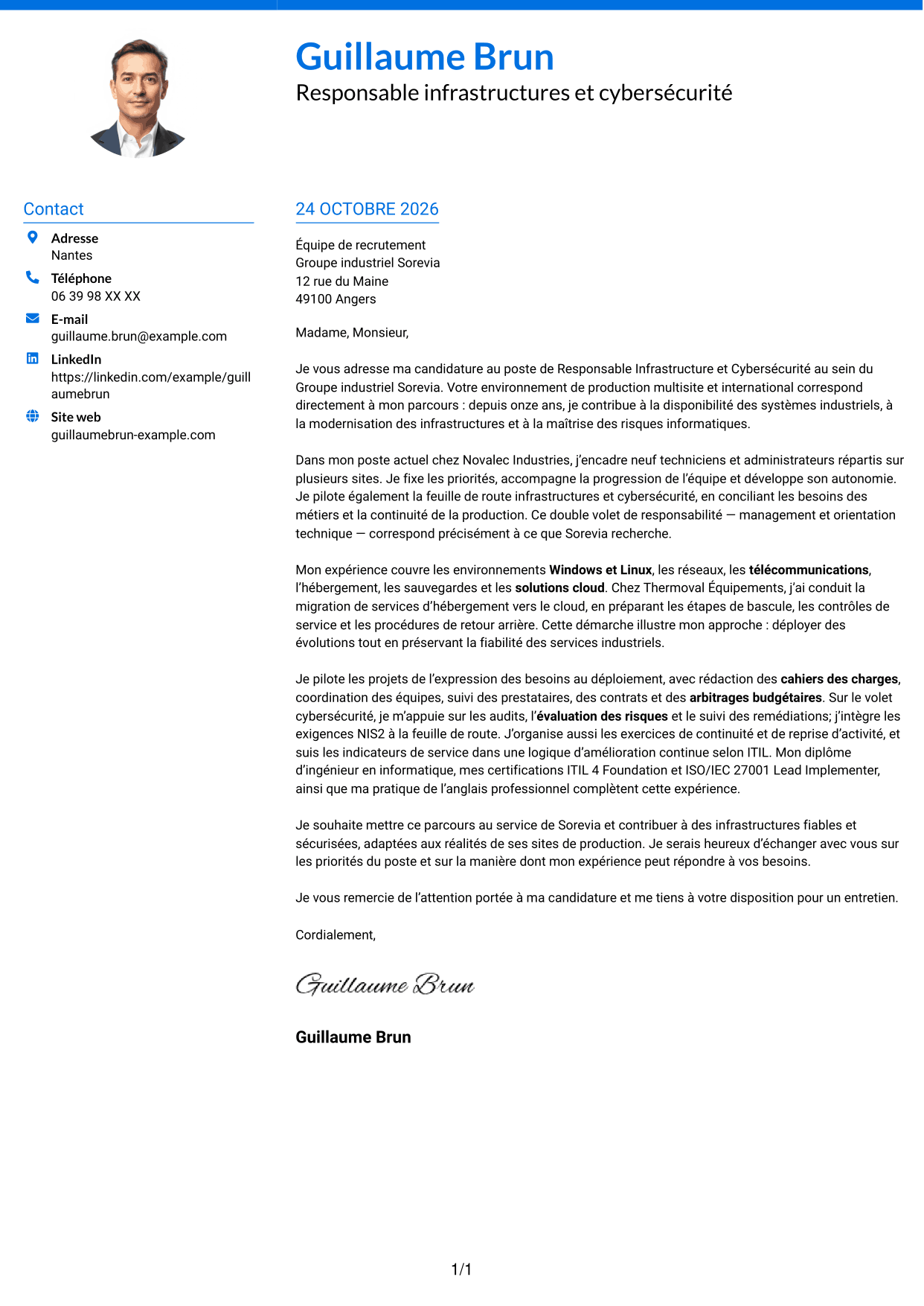 Lettre de motivation Audacieux (format à deux colonnes avec accents colorés et photo) : Responsable Infrastructure et Cybersécurité, page 1
