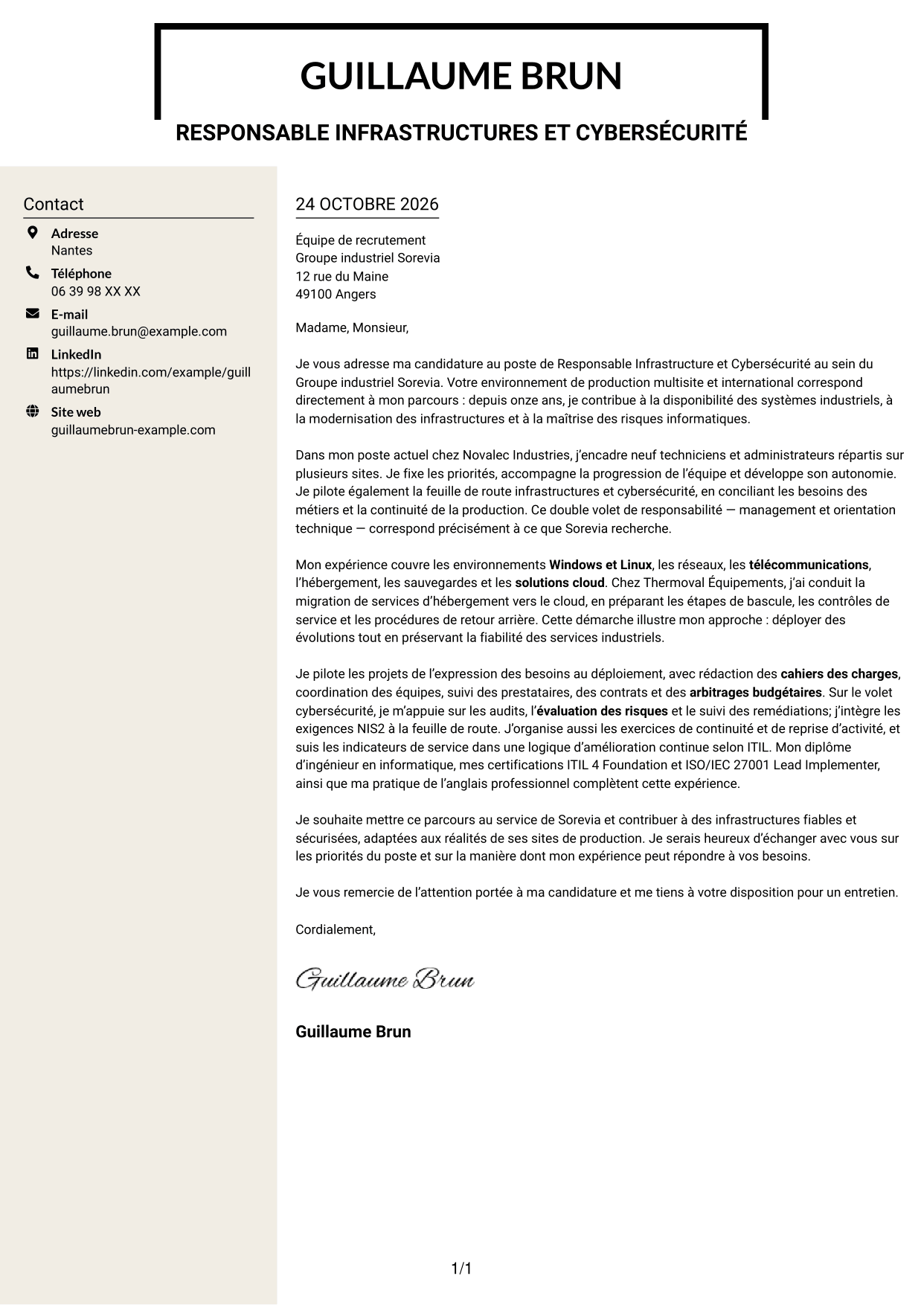 Lettre de motivation Fonceur (format à deux colonnes avec en-tête centré sans photo) : Responsable Infrastructure et Cybersécurité, page 1