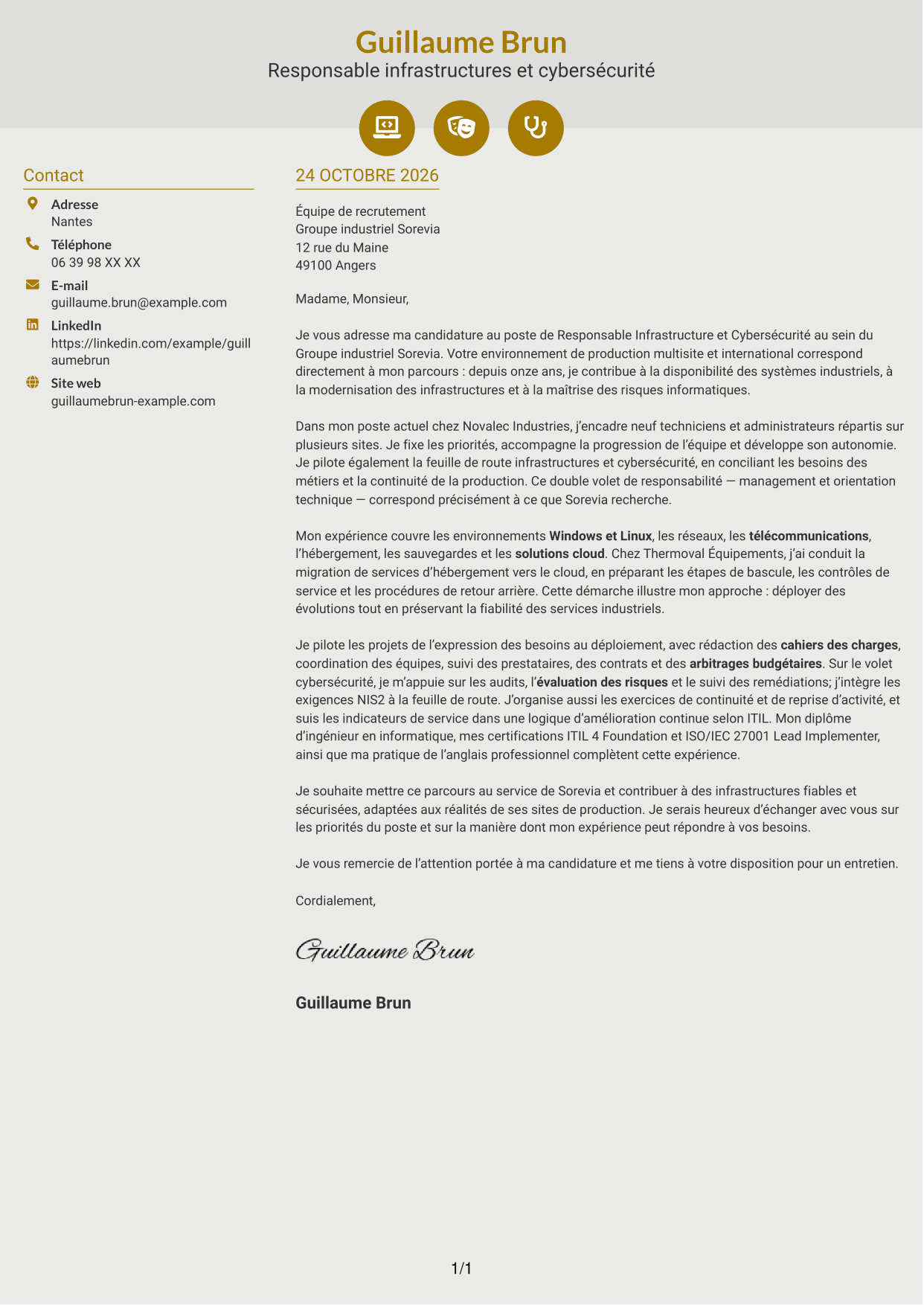 Lettre de motivation Dynamique (format à deux colonnes avec icônes) : Responsable Infrastructure et Cybersécurité, page 1