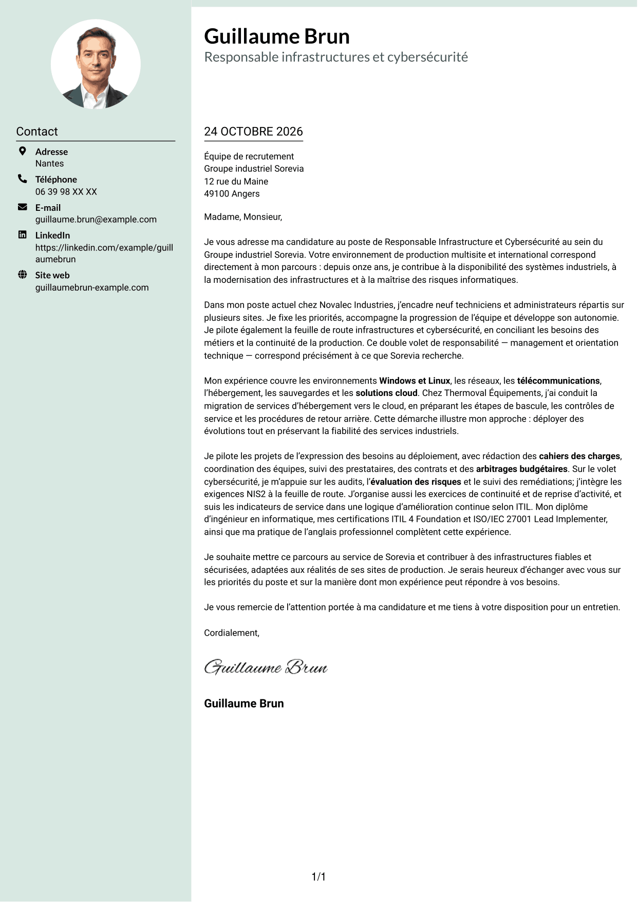 Lettre de motivation Cadre (format à colonne latérale douce avec photo arrondie) : Responsable Infrastructure et Cybersécurité, page 1
