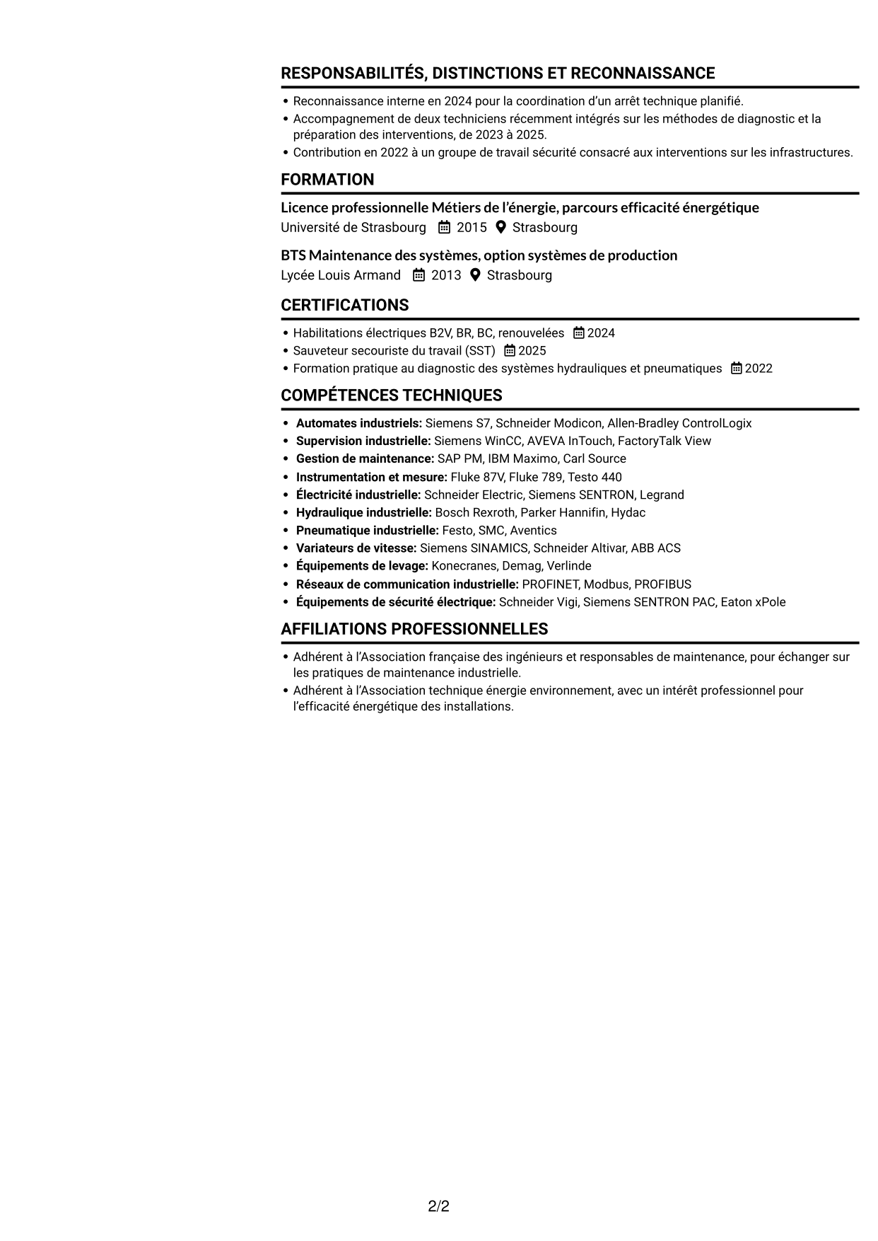 CV Compact (format sobre à deux colonnes avec photo) : Responsable Maintenance et Bâtiment - Énergie industrielle, page 2