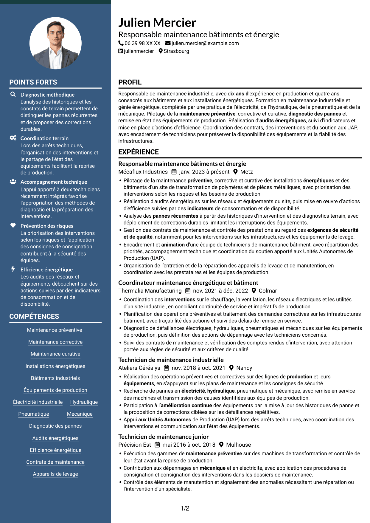 CV Élégant (format à colonne latérale colorée avec photo) : Responsable Maintenance et Bâtiment - Énergie industrielle, page 1