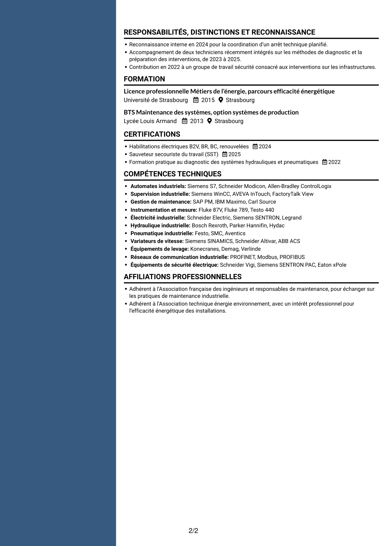 CV Élégant (format à colonne latérale colorée avec photo) : Responsable Maintenance et Bâtiment - Énergie industrielle, page 2
