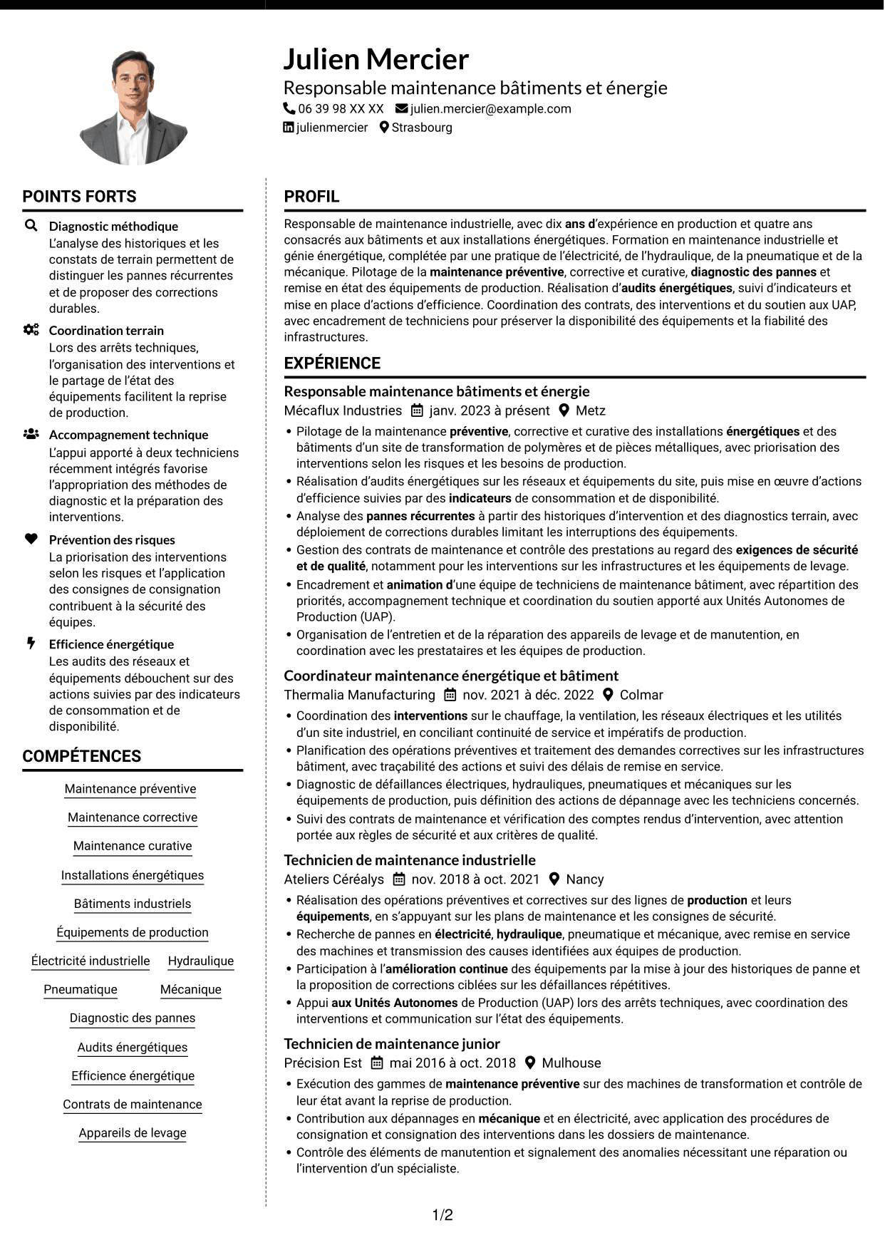 CV Moderne (format à deux colonnes avec photo à gauche et séparateur) : Responsable Maintenance et Bâtiment - Énergie industrielle, page 1