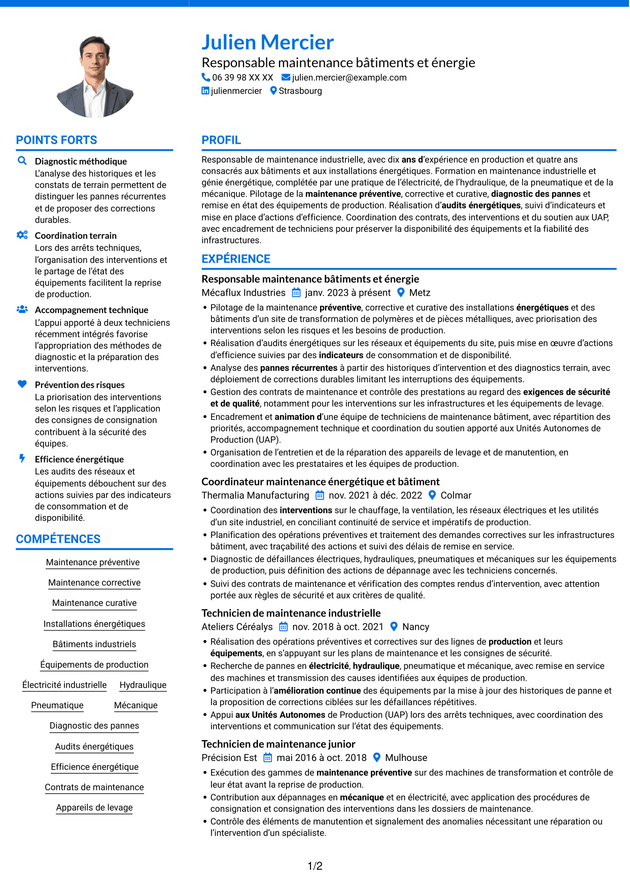 CV Audacieux (format à deux colonnes avec accents colorés et photo) : Responsable Maintenance et Bâtiment - Énergie industrielle, page 1
