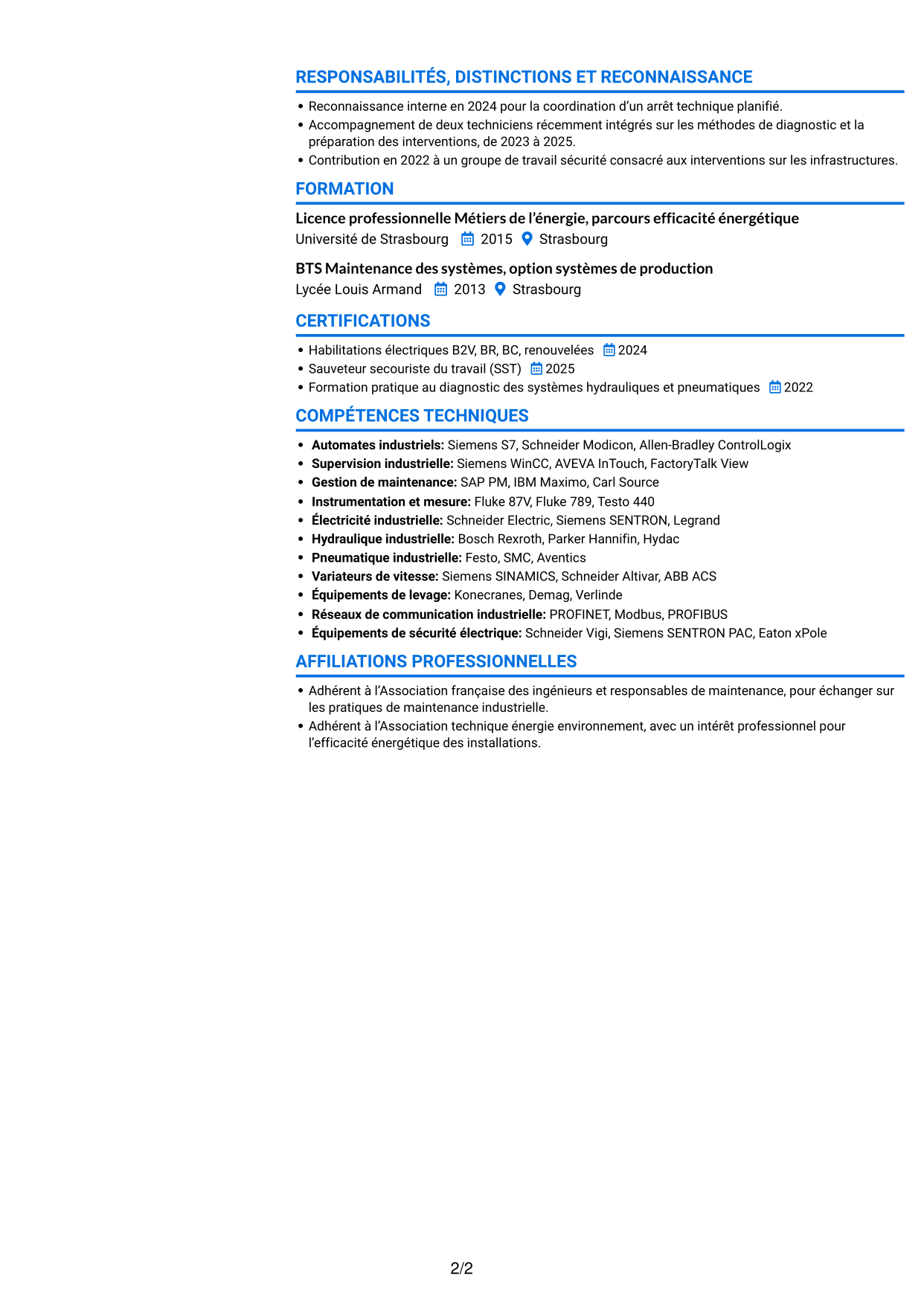 CV Audacieux (format à deux colonnes avec accents colorés et photo) : Responsable Maintenance et Bâtiment - Énergie industrielle, page 2