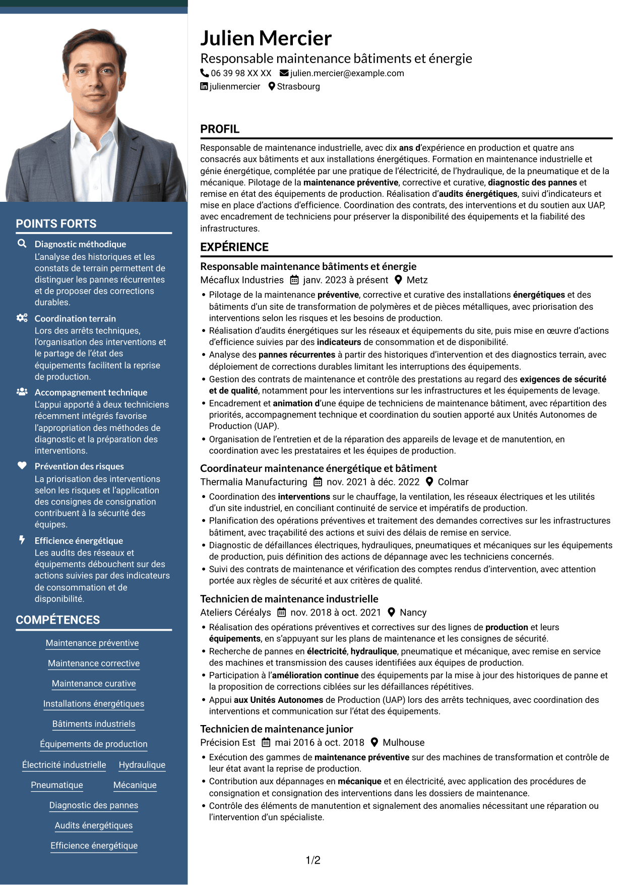 CV Signature (format à colonne latérale colorée avec grande photo) : Responsable Maintenance et Bâtiment - Énergie industrielle, page 1