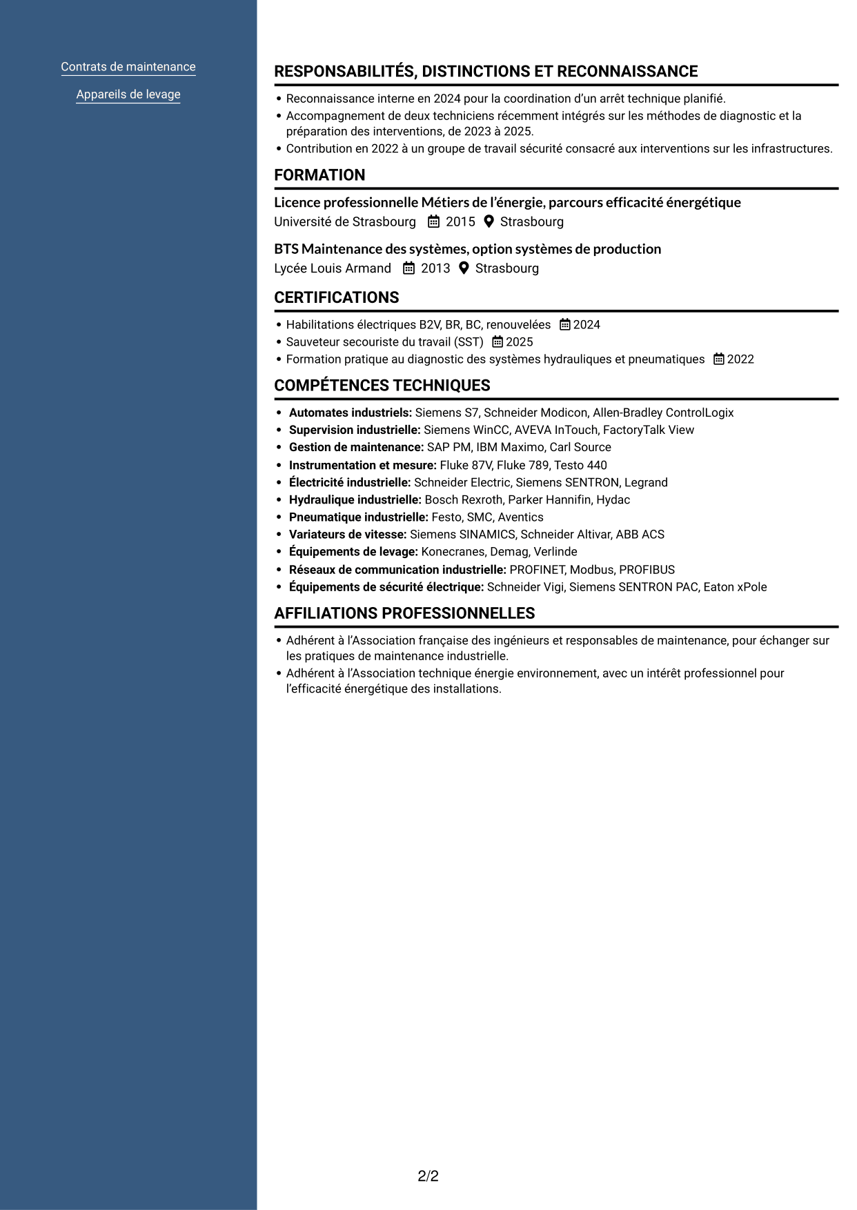 CV Signature (format à colonne latérale colorée avec grande photo) : Responsable Maintenance et Bâtiment - Énergie industrielle, page 2