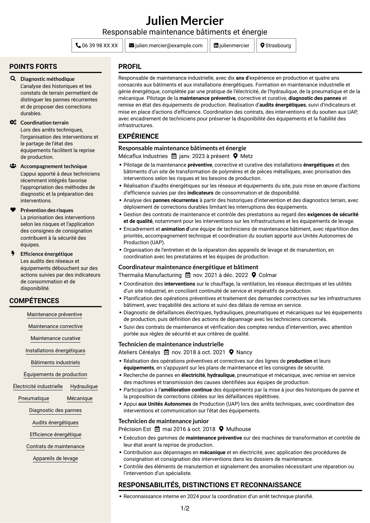 CV Fonceur (format à deux colonnes avec en-tête centré sans photo) : Responsable Maintenance et Bâtiment - Énergie industrielle, page 1