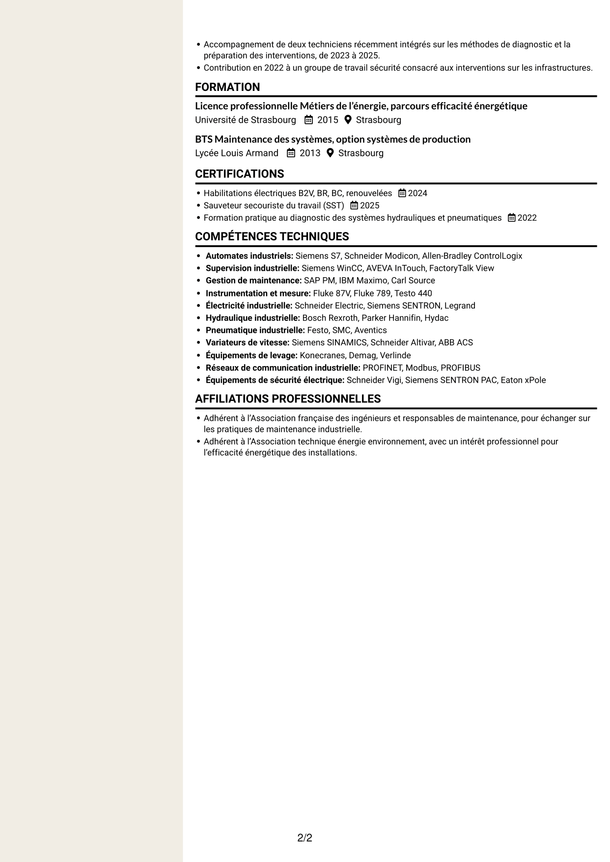 CV Fonceur (format à deux colonnes avec en-tête centré sans photo) : Responsable Maintenance et Bâtiment - Énergie industrielle, page 2