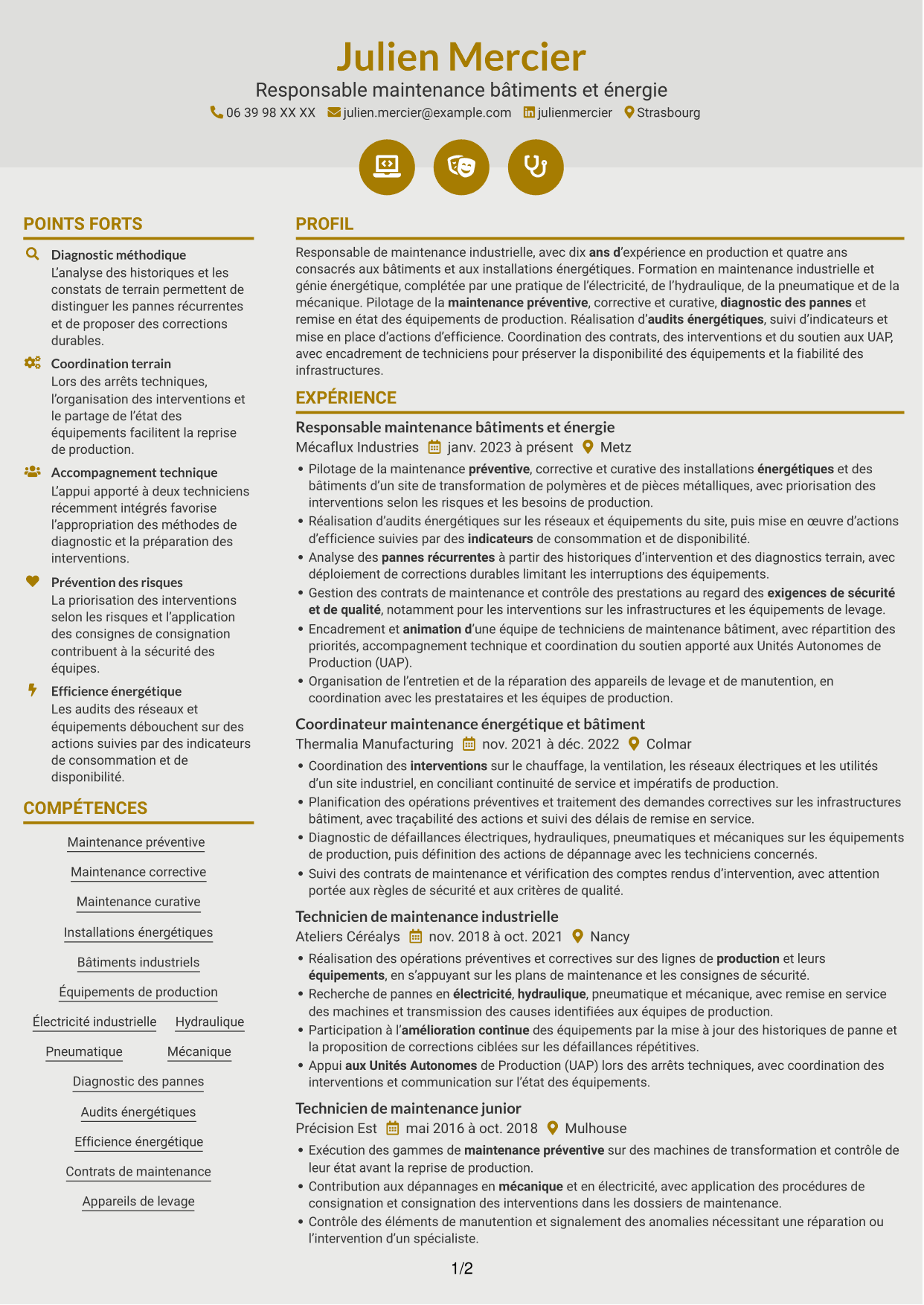 CV Dynamique (format à deux colonnes avec icônes) : Responsable Maintenance et Bâtiment - Énergie industrielle, page 1