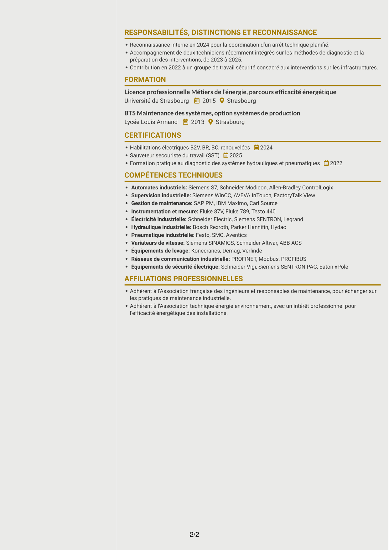 CV Dynamique (format à deux colonnes avec icônes) : Responsable Maintenance et Bâtiment - Énergie industrielle, page 2