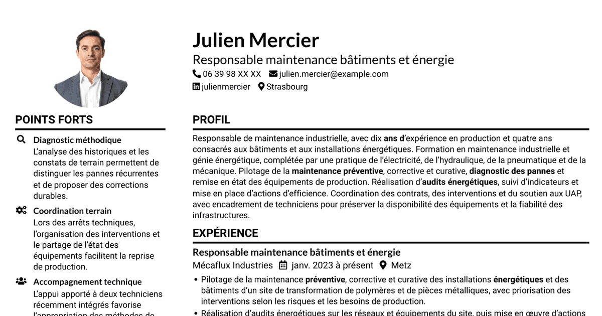 7 modèles de CV pour Responsable Maintenance et Bâtiment - Énergie industrielle, avec exemples