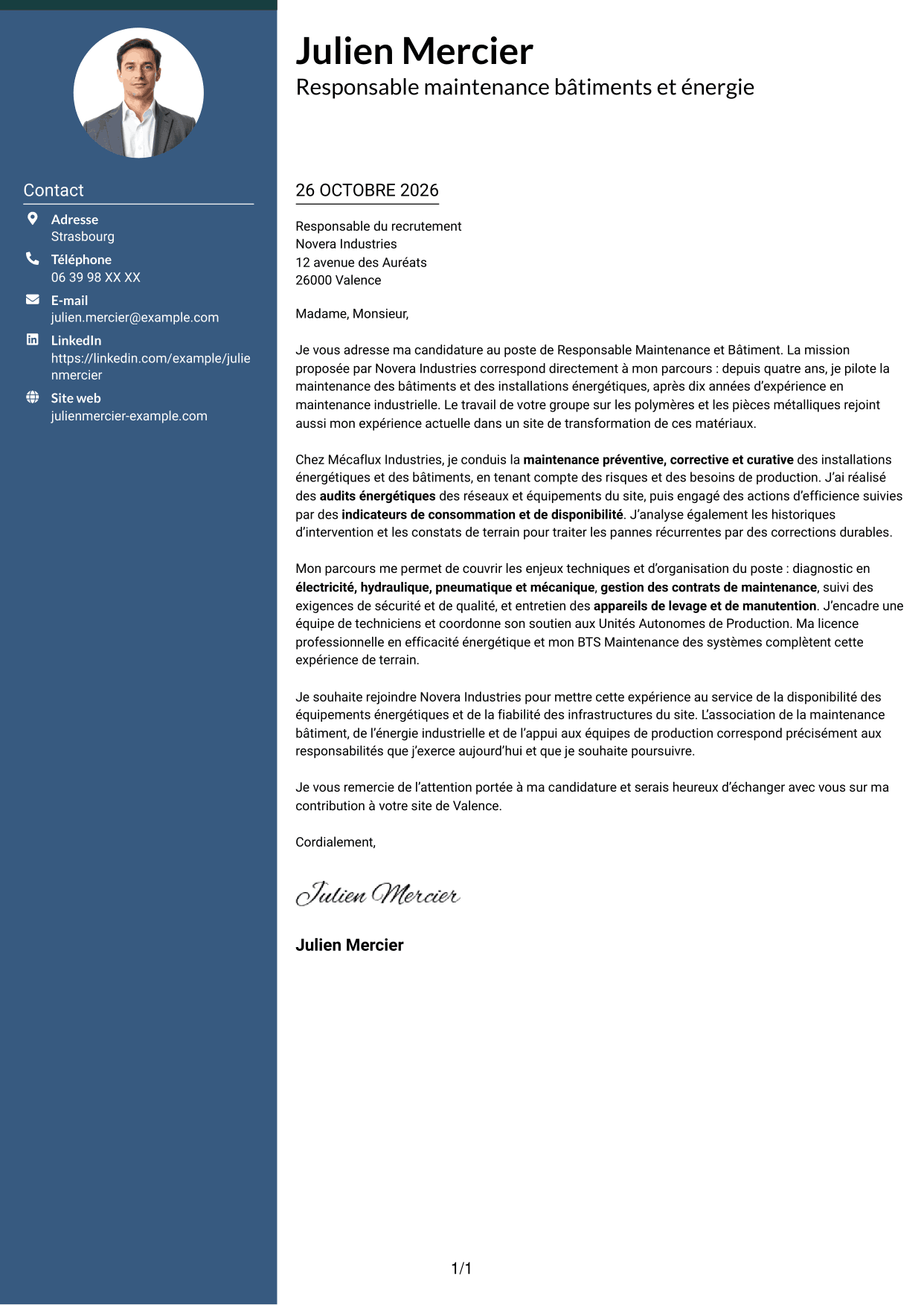 Lettre de motivation Élégant (format à colonne latérale colorée avec photo) : Responsable Maintenance et Bâtiment - Énergie industrielle, page 1