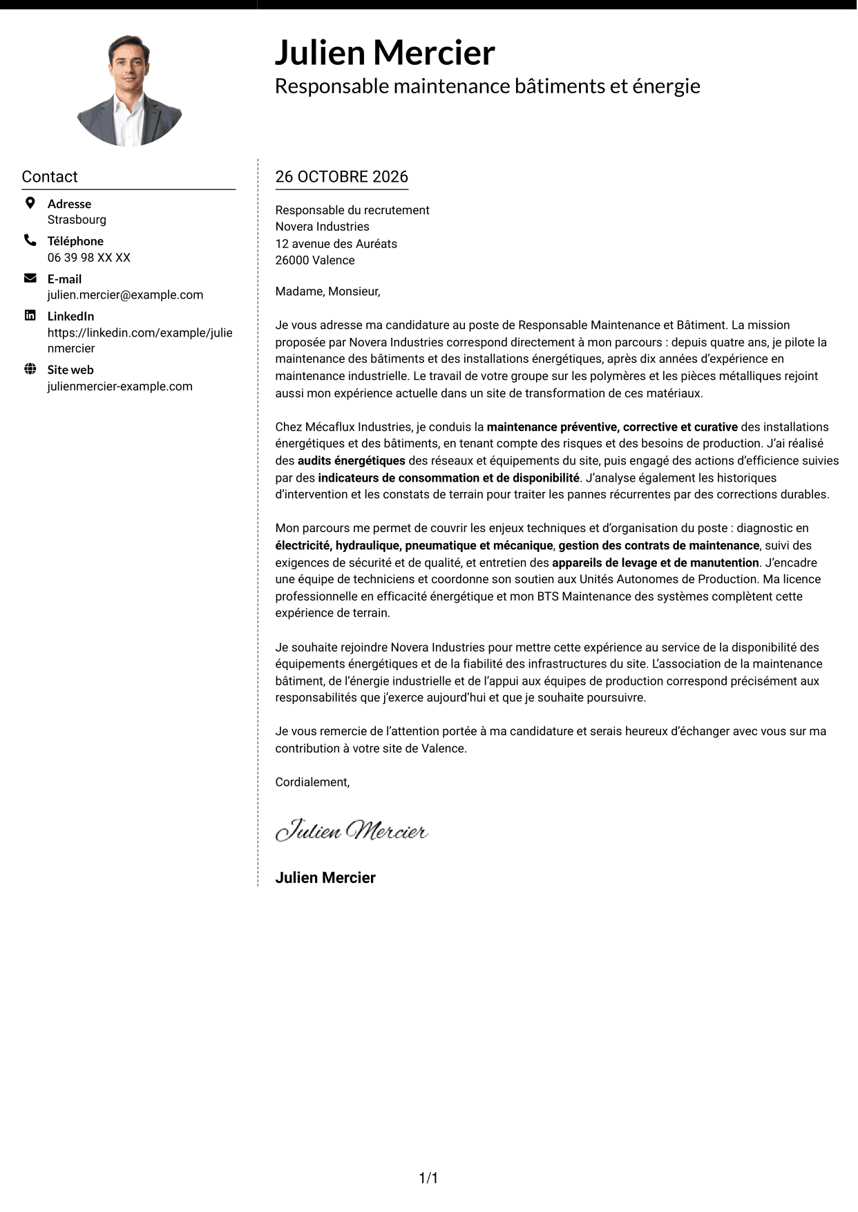 Lettre de motivation Moderne (format à deux colonnes avec photo à gauche et séparateur) : Responsable Maintenance et Bâtiment - Énergie industrielle, page 1