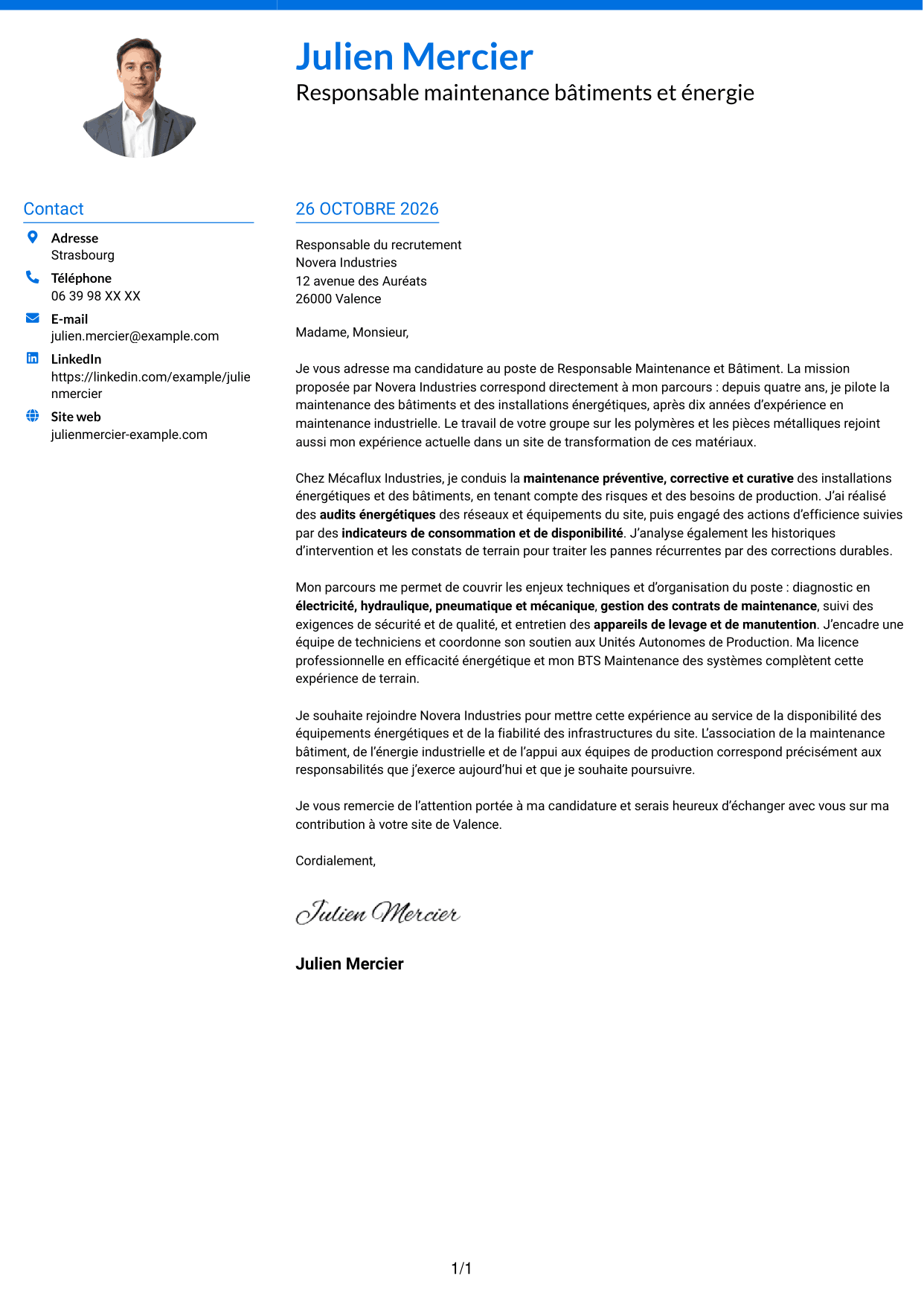 Lettre de motivation Audacieux (format à deux colonnes avec accents colorés et photo) : Responsable Maintenance et Bâtiment - Énergie industrielle, page 1