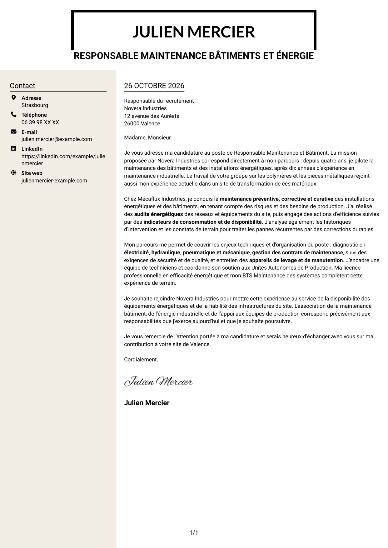 Lettre de motivation Fonceur (format à deux colonnes avec en-tête centré sans photo) : Responsable Maintenance et Bâtiment - Énergie industrielle, page 1