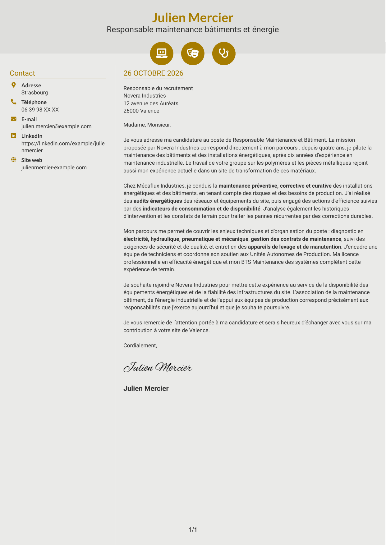 Lettre de motivation Dynamique (format à deux colonnes avec icônes) : Responsable Maintenance et Bâtiment - Énergie industrielle, page 1